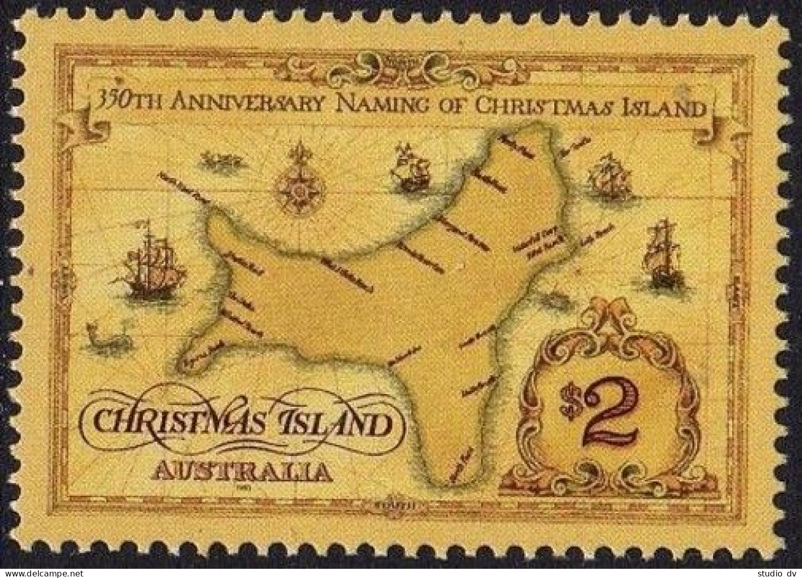 Christmas 357,MNH.Michel 391. Naming Of Christmas Island,350th Ann.1993.Map,ship - Christmaseiland