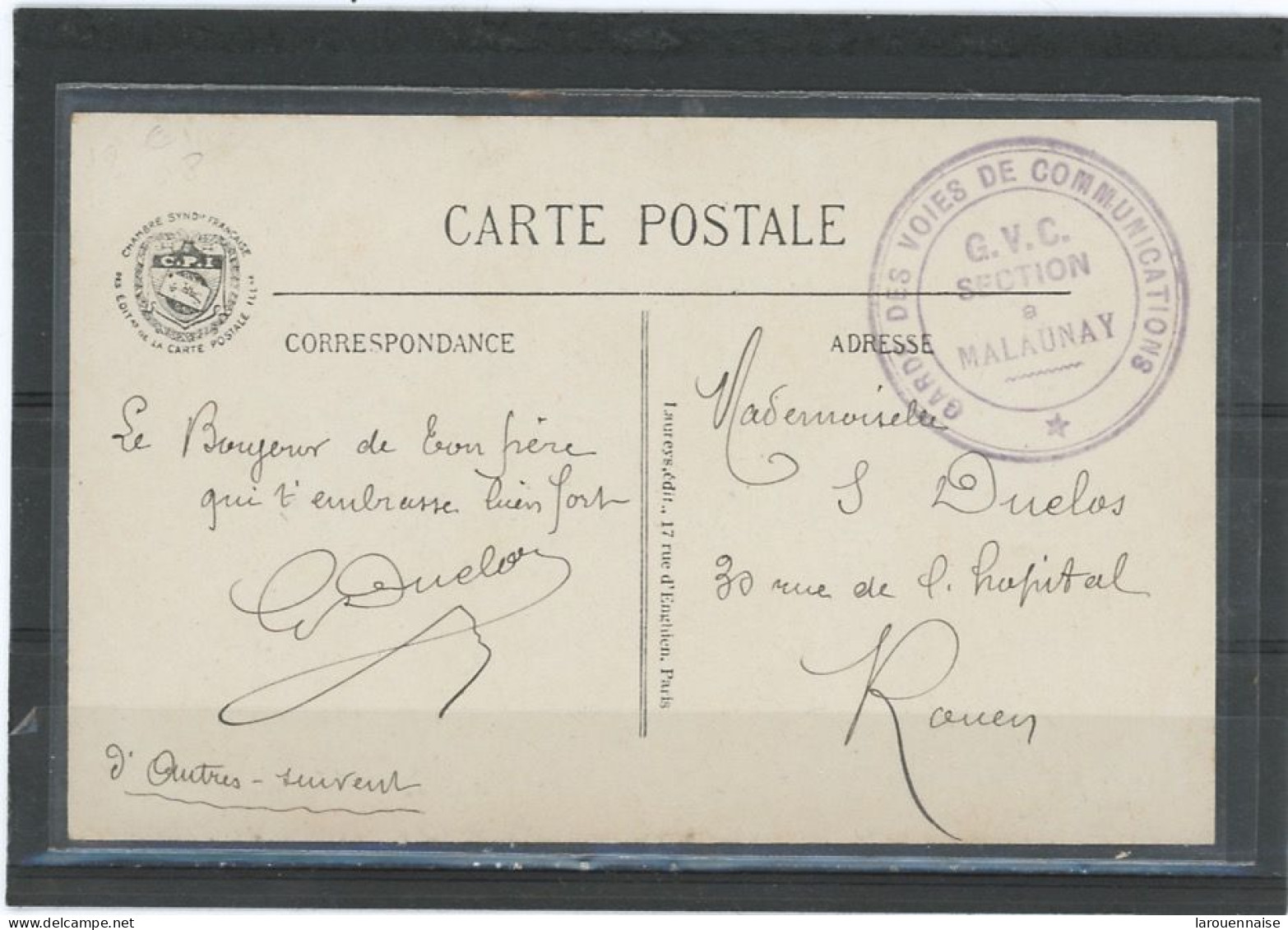 CACHET MILITAIRE -76 MALAUNAY -CP  FRAPPE TTB -DOUBLE CERCLE VIOLET, 39mm -GARDE DES VOIES DE COMMUNICATIONS * - WW I