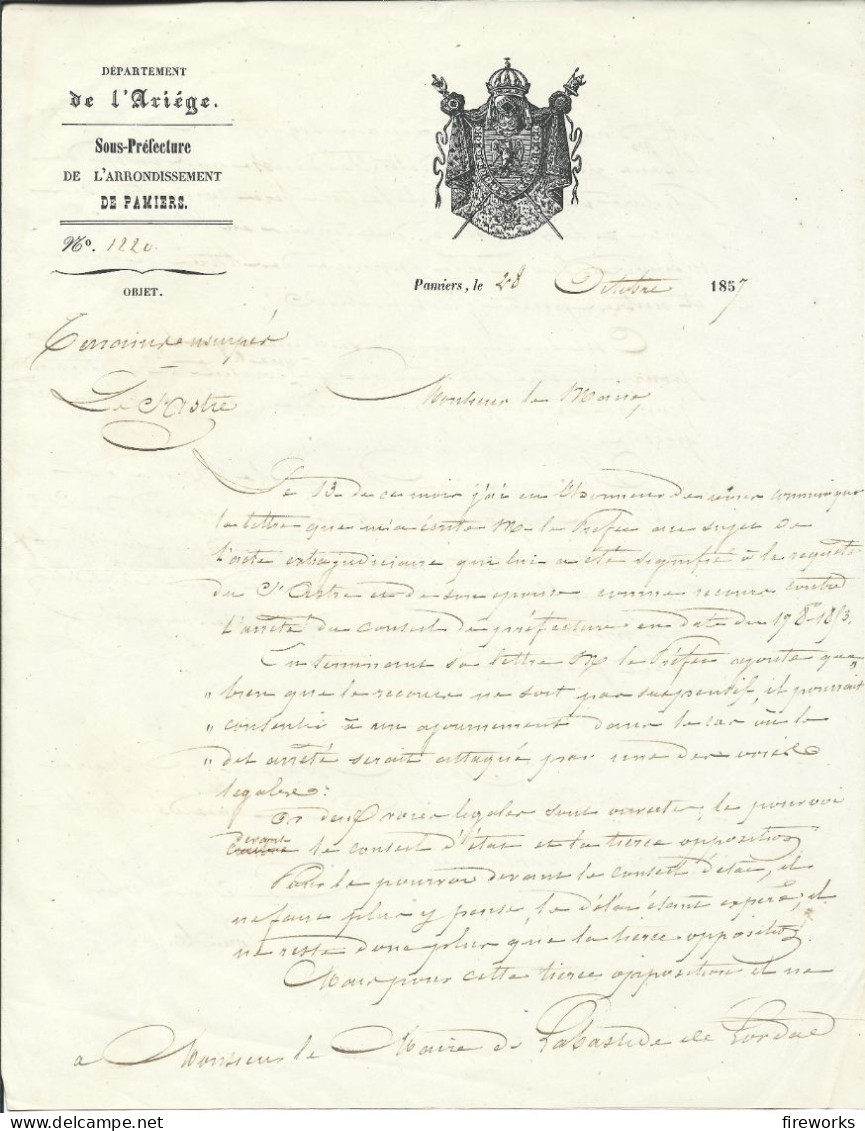 1857 LETTRE DU SOUS PREFET DE PAMIER (09) AU MAIRE DE LABASTIDE DE LORDAT (09) - Sammlungen