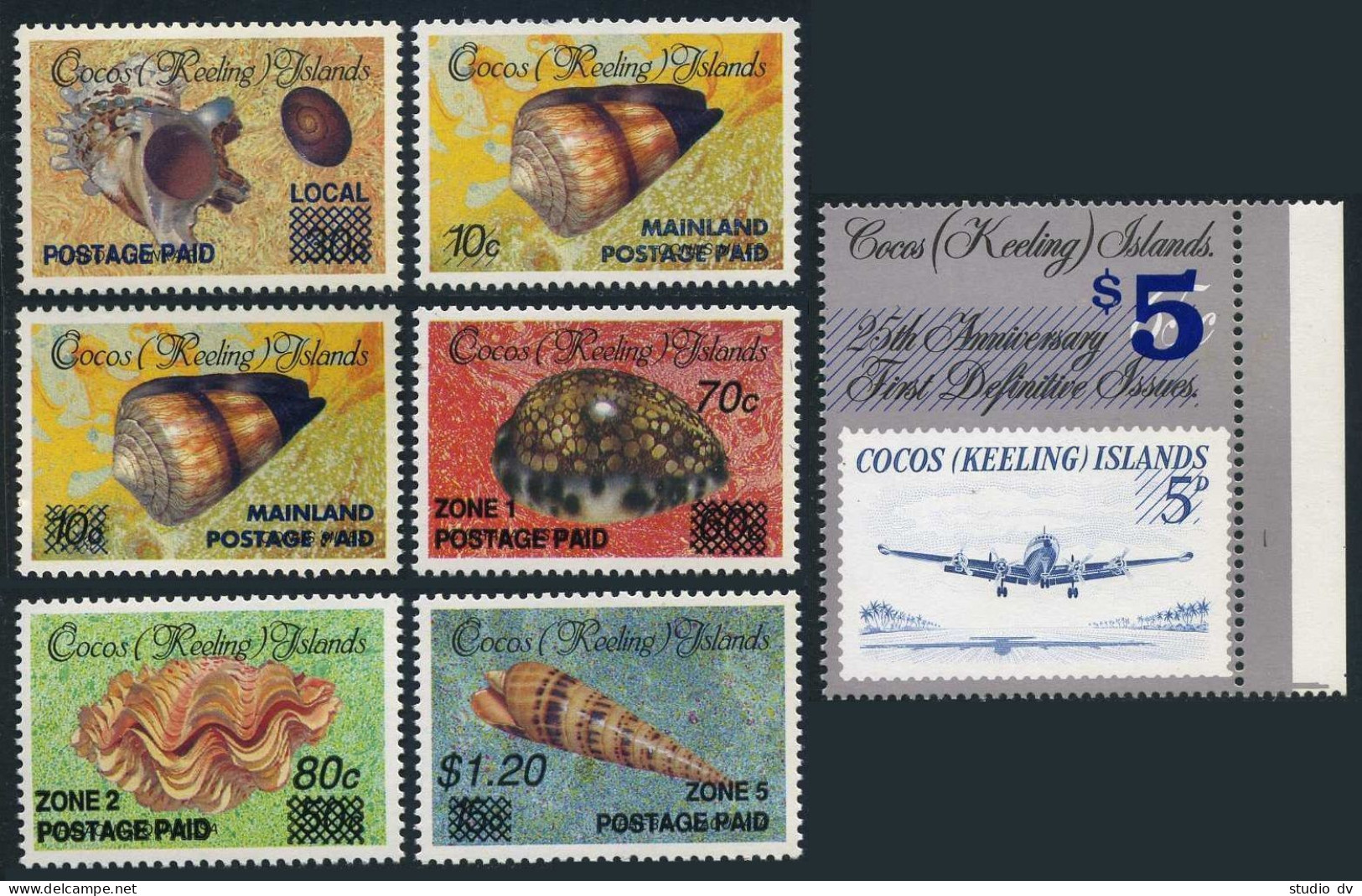 Cocos Isls 225/236,MNH.Mi 236,240-I-II,241-244. Shells & Plane Overprinted,1990. - Kokosinseln (Keeling Islands)