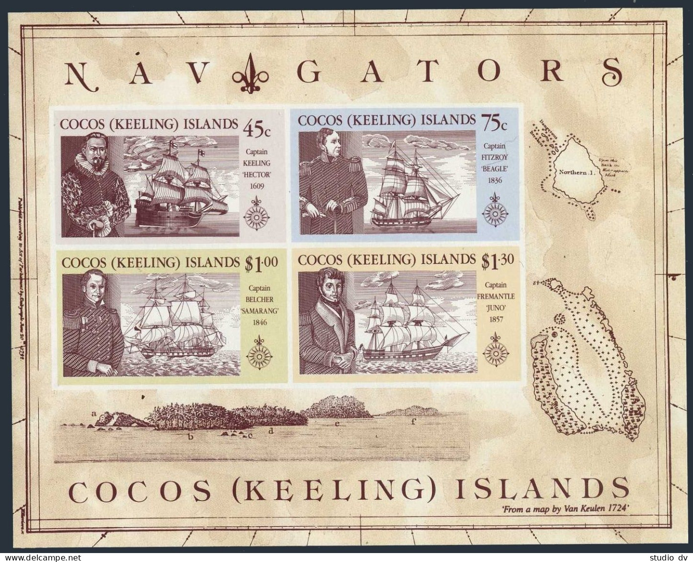 Cocos Isls 221a,MNH.Mi Bl.9. Explorers & Their Ships,1990.Keelng,Firzroy,Belcher - Kokosinseln (Keeling Islands)