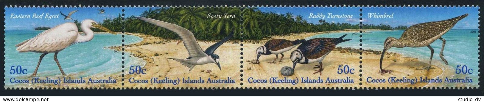 Cocos Isls 337 Ad Strip,MNH. Shore Birds,2003.Reef Egret,Sooty Tern,Ruddy, - Kokosinseln (Keeling Islands)