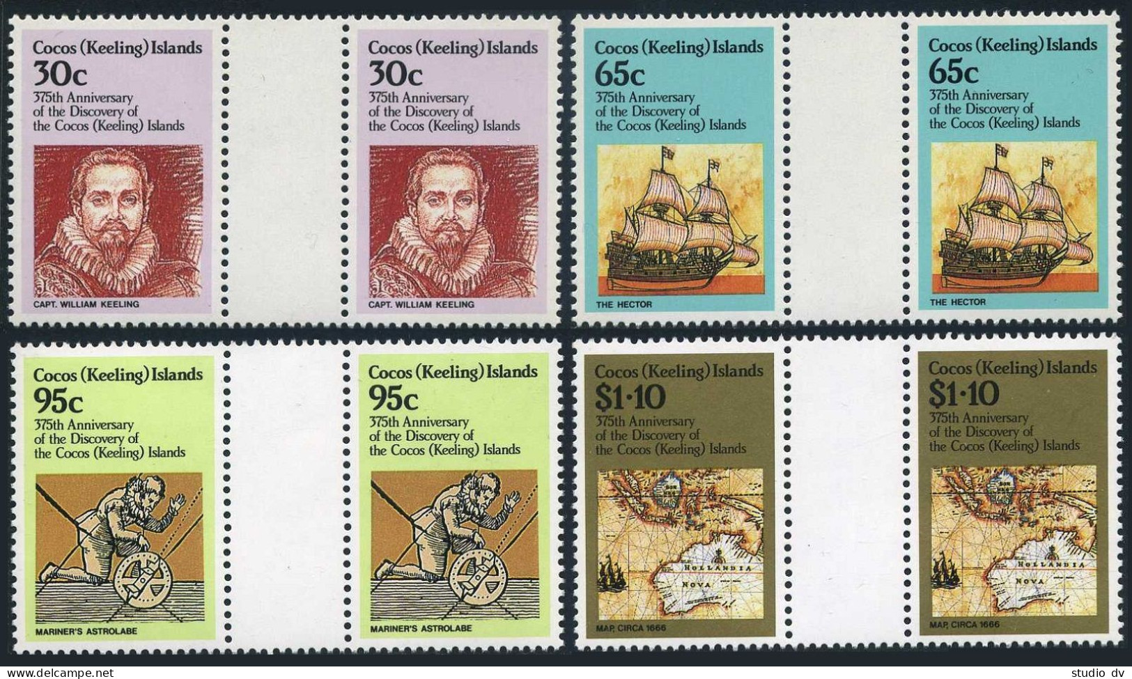 Cocos Isls 115-118 Gutter,MNH. Capt William Keeling,Hector,Astrolabe,Map.1984. - Kokosinseln (Keeling Islands)