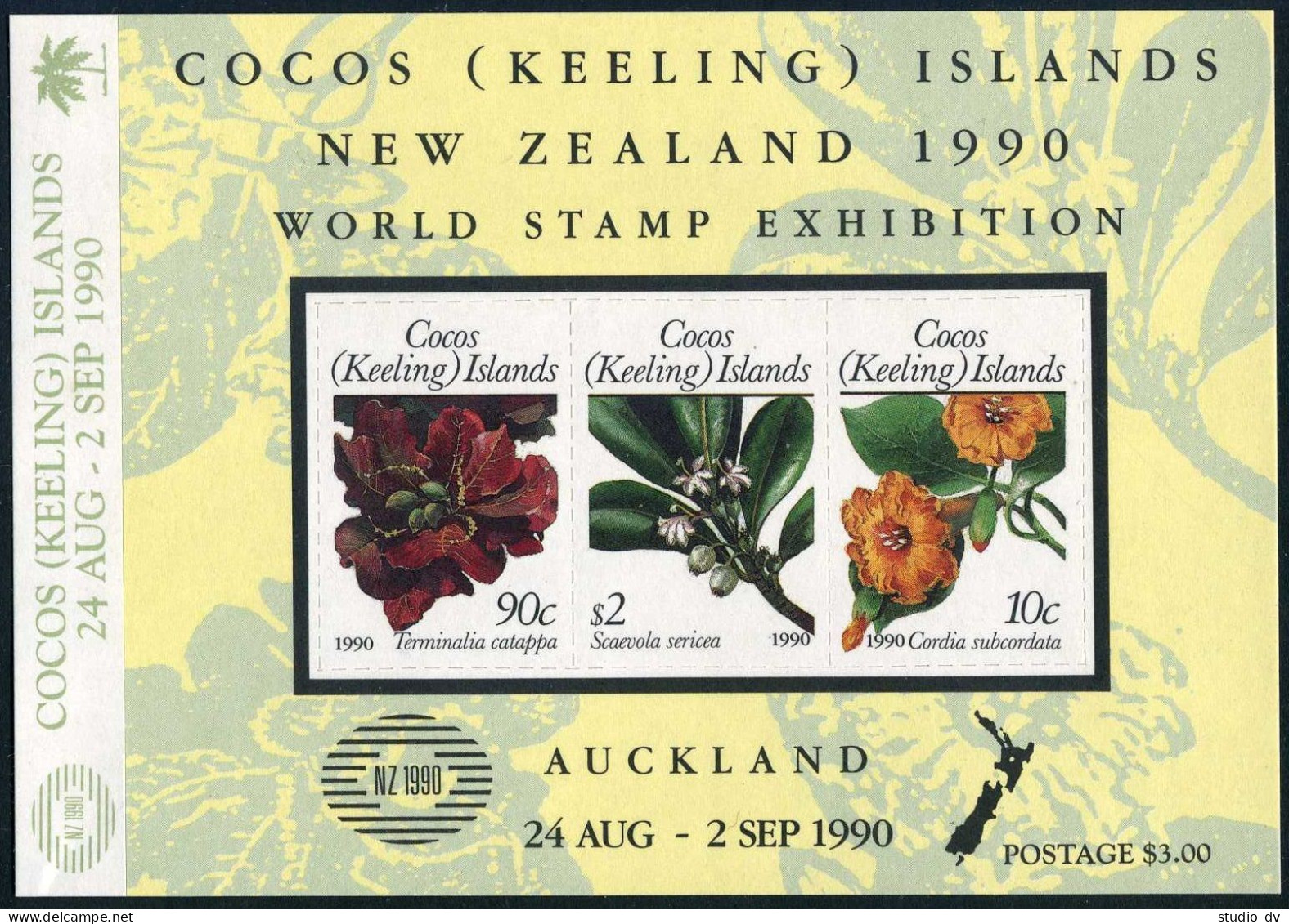 Cocos 216-217,MNH.Michel 232,Bl.10. NEW ZEALAND-1990,Map,Flowering Plants. - Isole Cocos (Keeling)