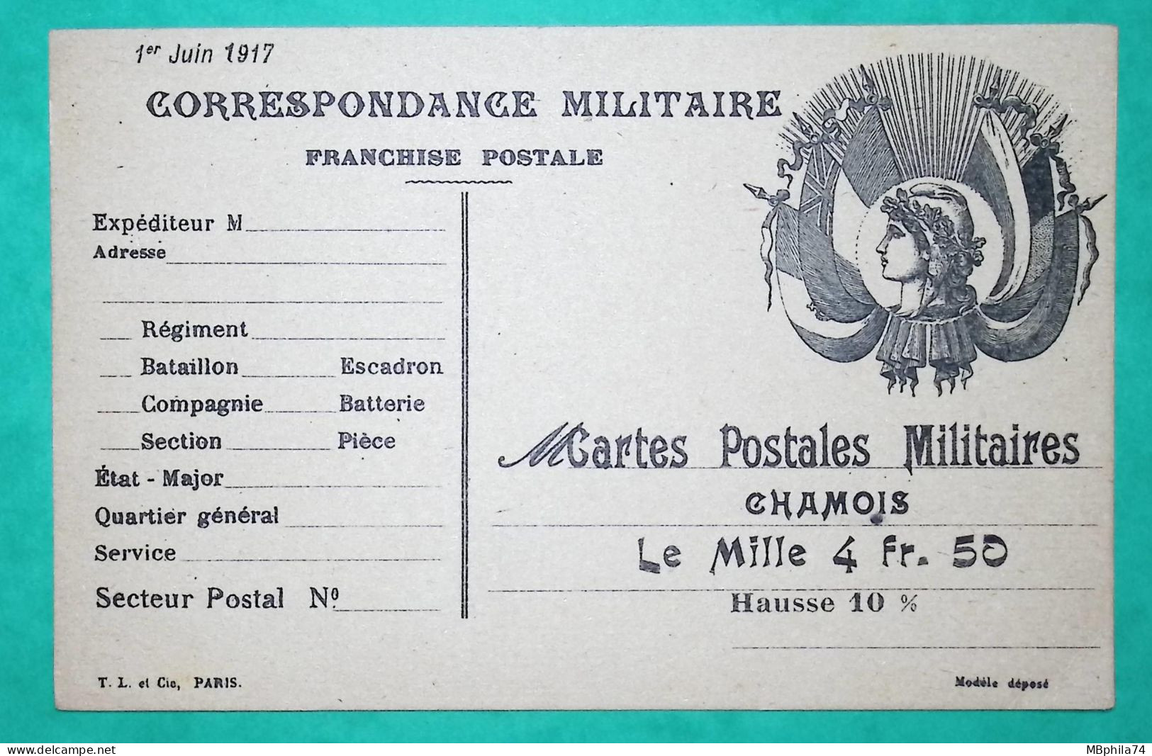 FRANCHISE MILITAIRE FM CARTE POSTALE MARIANNE NOIR 1er JUIN 1917 WW1 LETTRE COVER FRANCE - Guerra Del 1914-18