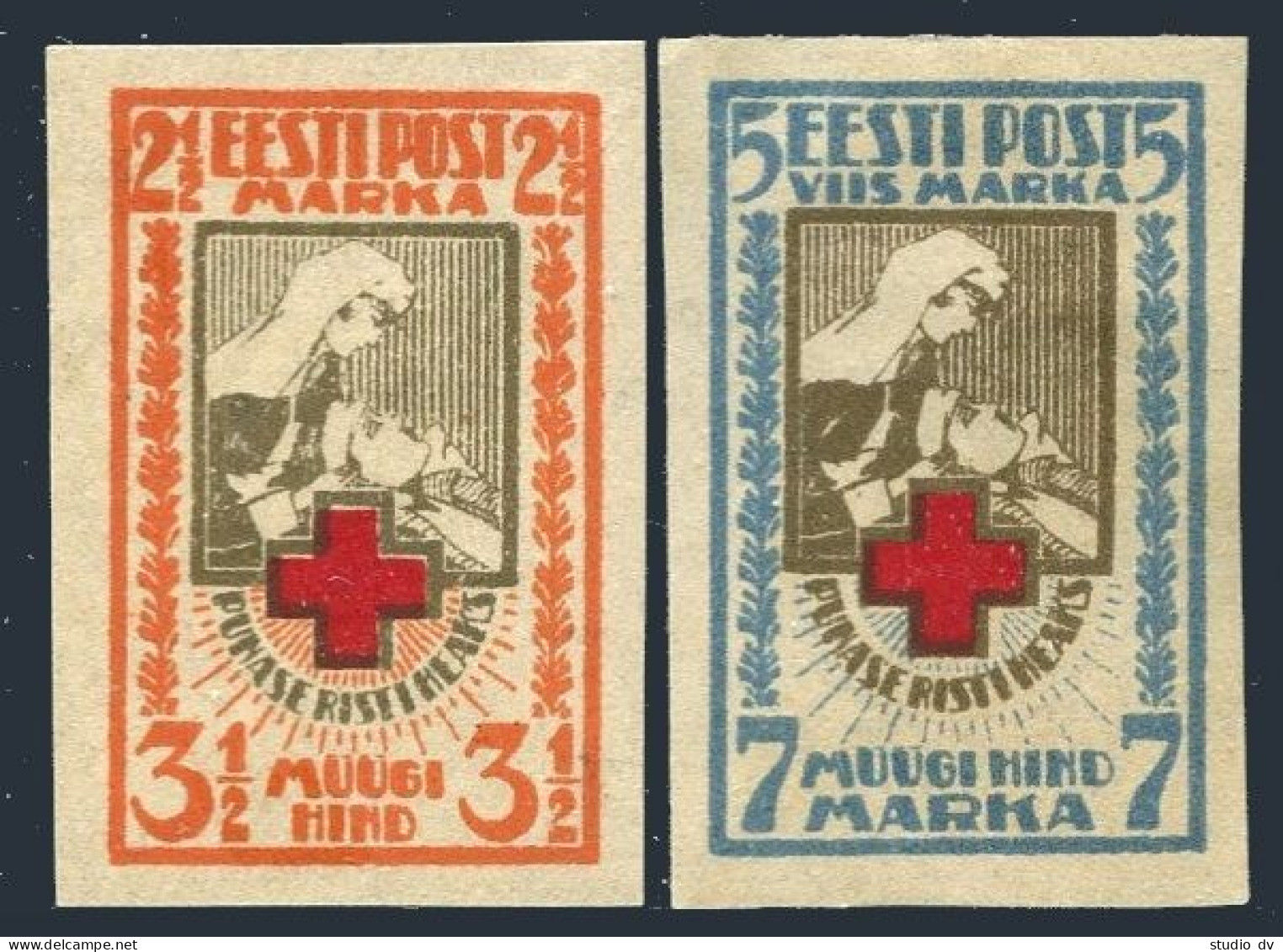 Estonia B5-B6, Hinged. Michel 29B-30B. Red Cross 1921. Nurse, Wounded Soldier. - Estland