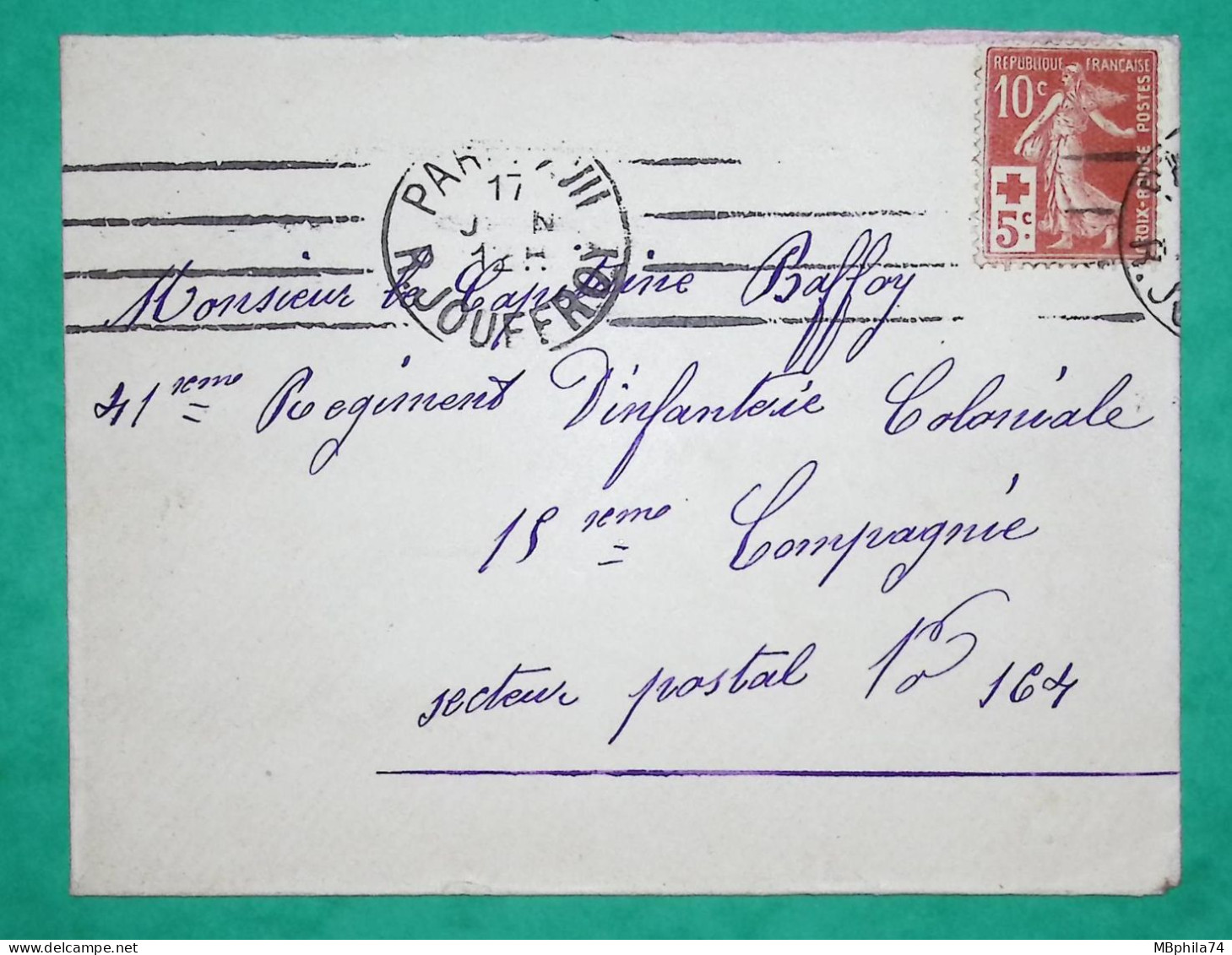 N°147 SEMEUSE CROIX ROUGE PARIS RUE JOUFFROY POUR SECTEUR POSTAL N°164 LETTRE COVER FRANCE - WW I