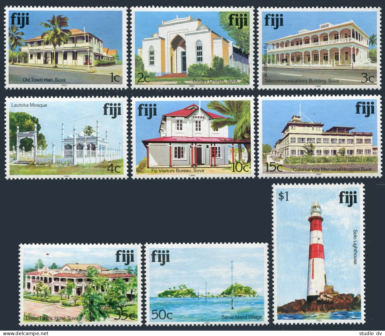 Fiji 409j-423j 9 Stamps Inscribed 1991,MNH. Famous Houses Of Fiji,Lighthouse. - Fiji (1970-...)