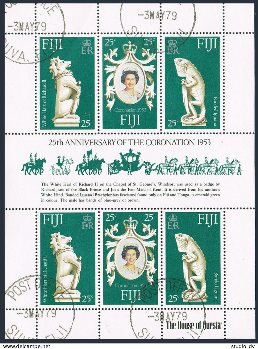 Fiji 384 Sheet, CTO. Michel 372-374 Klb. QE II Coronation,25, 1978. Hart.Iguana. - Fiji (1970-...)