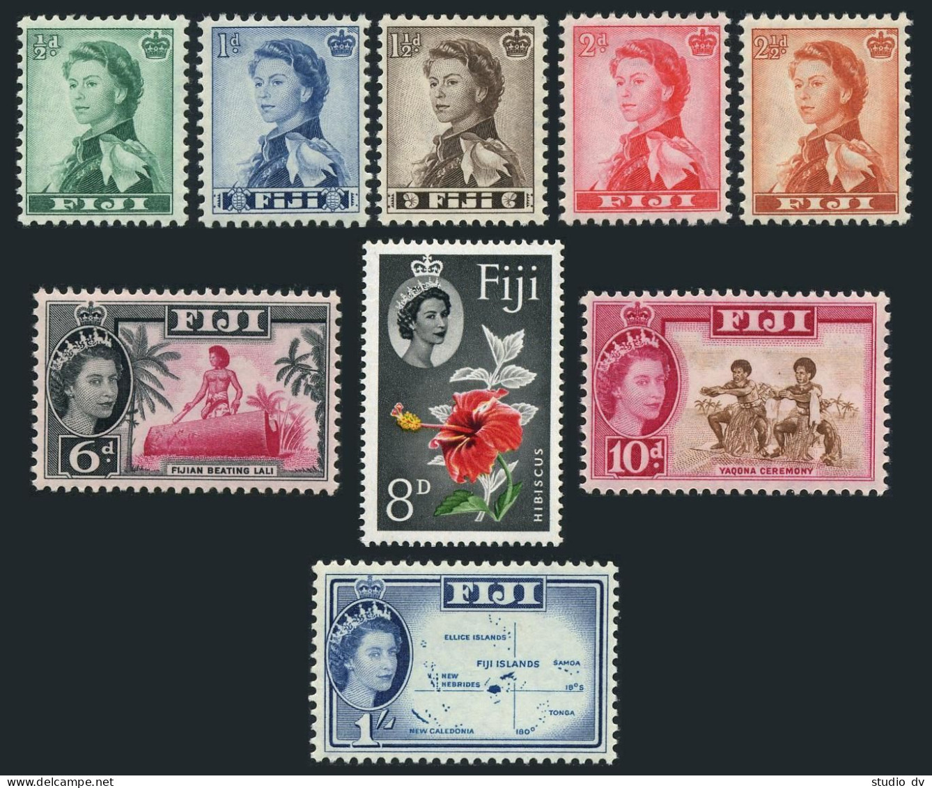 Fiji 163-171, MNH/MLH. Mi 141-149. QE II, 1961-63. Drum,Hibiscus,Yaqona Ceremony - Fiji (1970-...)