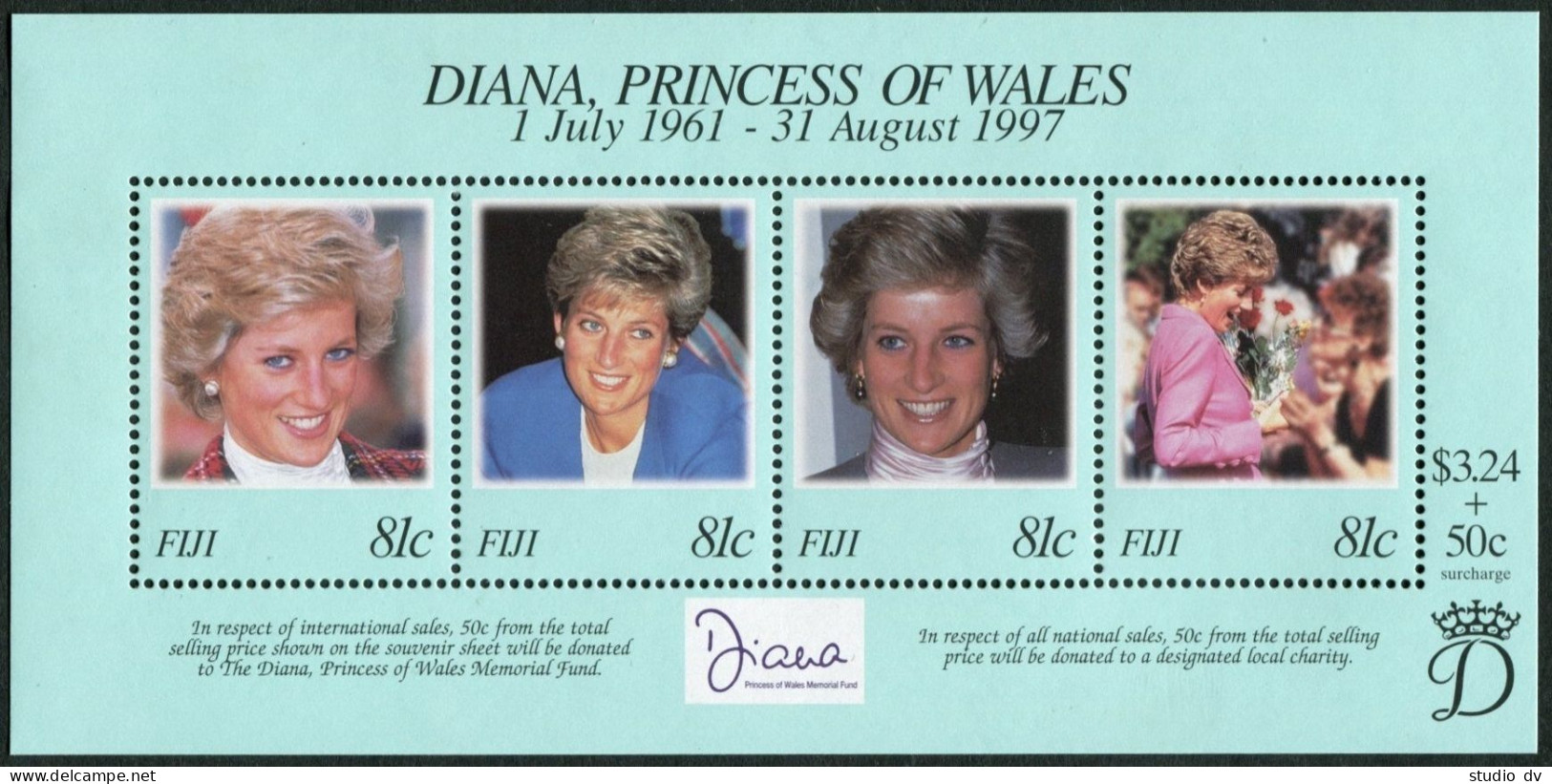 Fiji 819, 820 Ad Sheet, MNH. Mi 839, Bl.24. Princess Diana Memorial Issue 1998. - Fidji (1970-...)