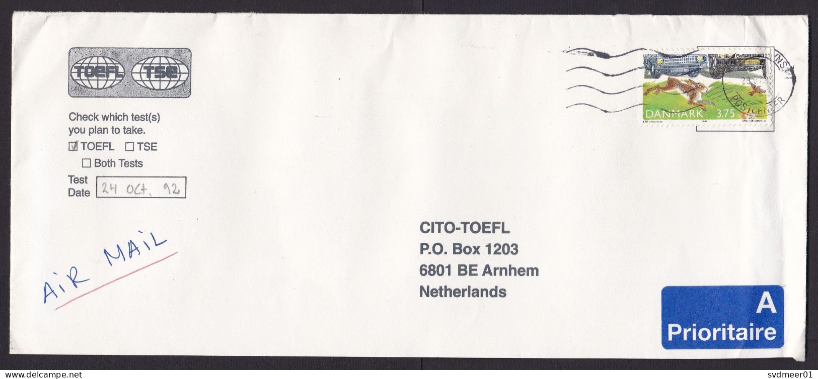 Denmark: Cover To Netherlands, 1992, 1 Stamp, Car, Traffic, Hare Animal, Bird, A-label (minor Damage) - Briefe U. Dokumente