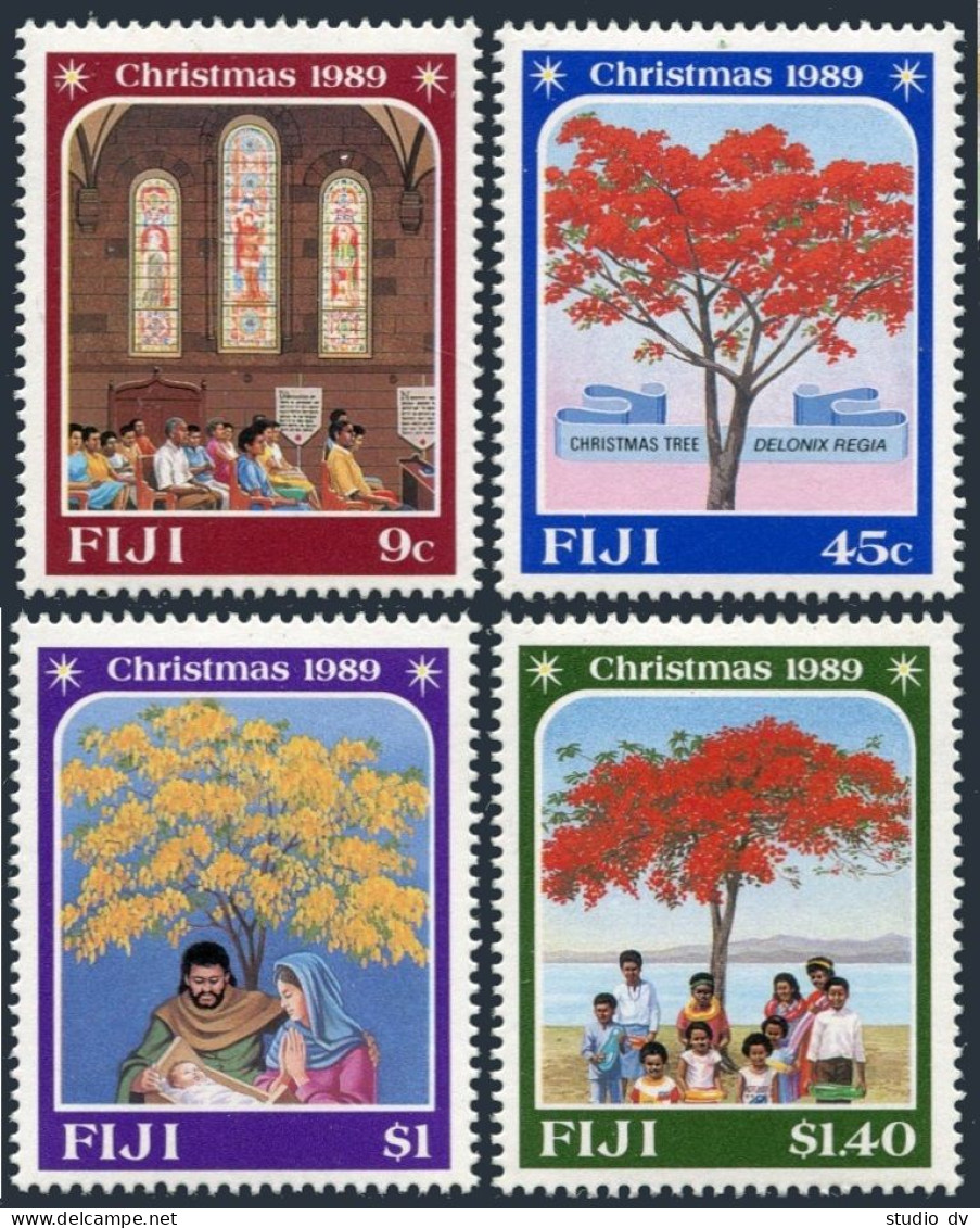 Fiji 615-618, MNH. Michel 610-613. Christmas 1989. Church Service, Tree. - Fiji (1970-...)