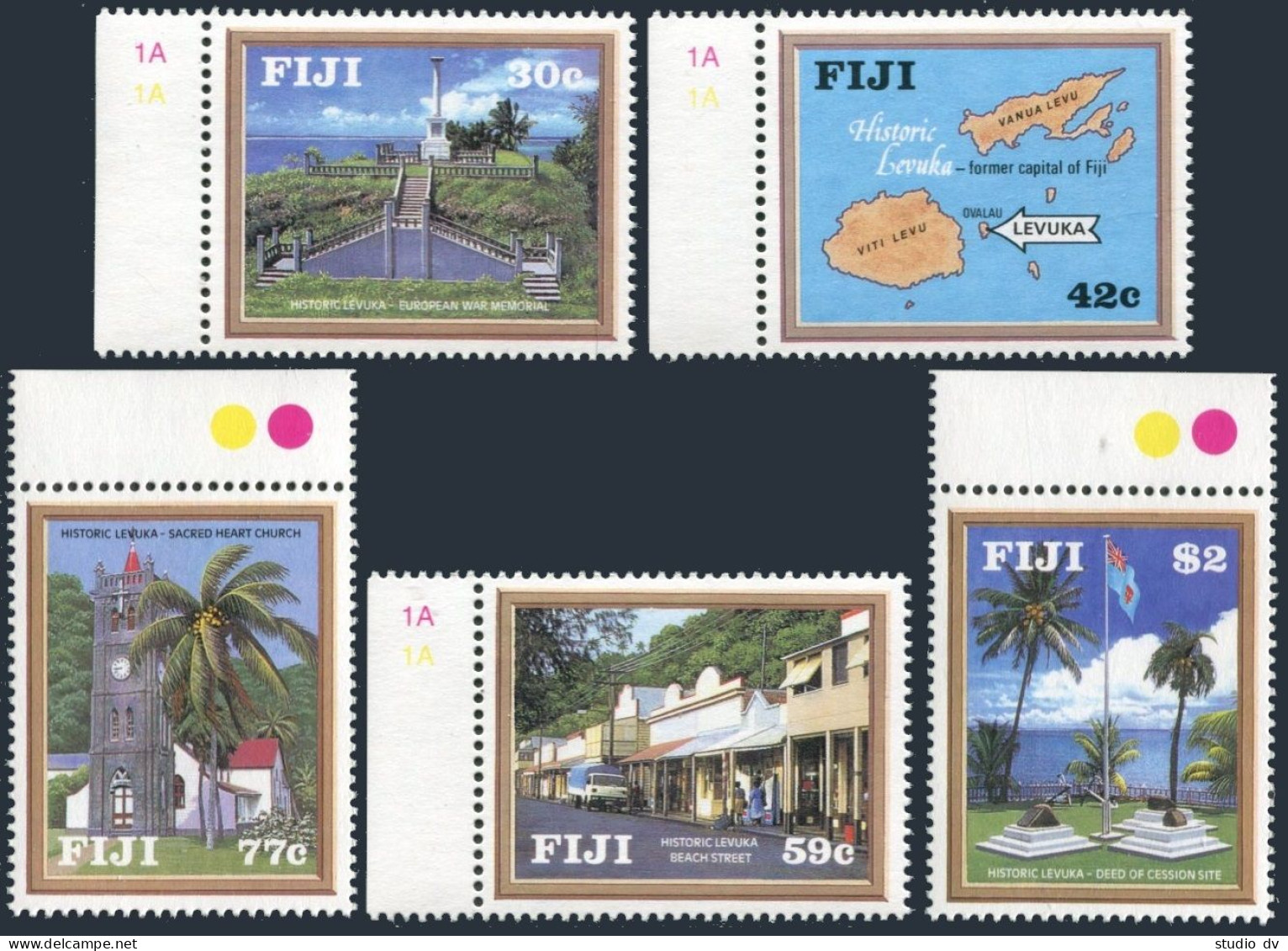 Fiji 669-673,MNH. Mi 664-668. Historic Levuka,1992.European War Memorial,Church, - Fidji (1970-...)