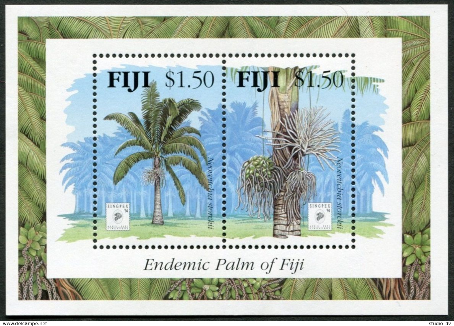 Fiji 712 Sheet, MNH. Mi 714-715 Bl.13. SINGPEX-1994. Tree Neoveitchia Storckii. - Fiji (1970-...)