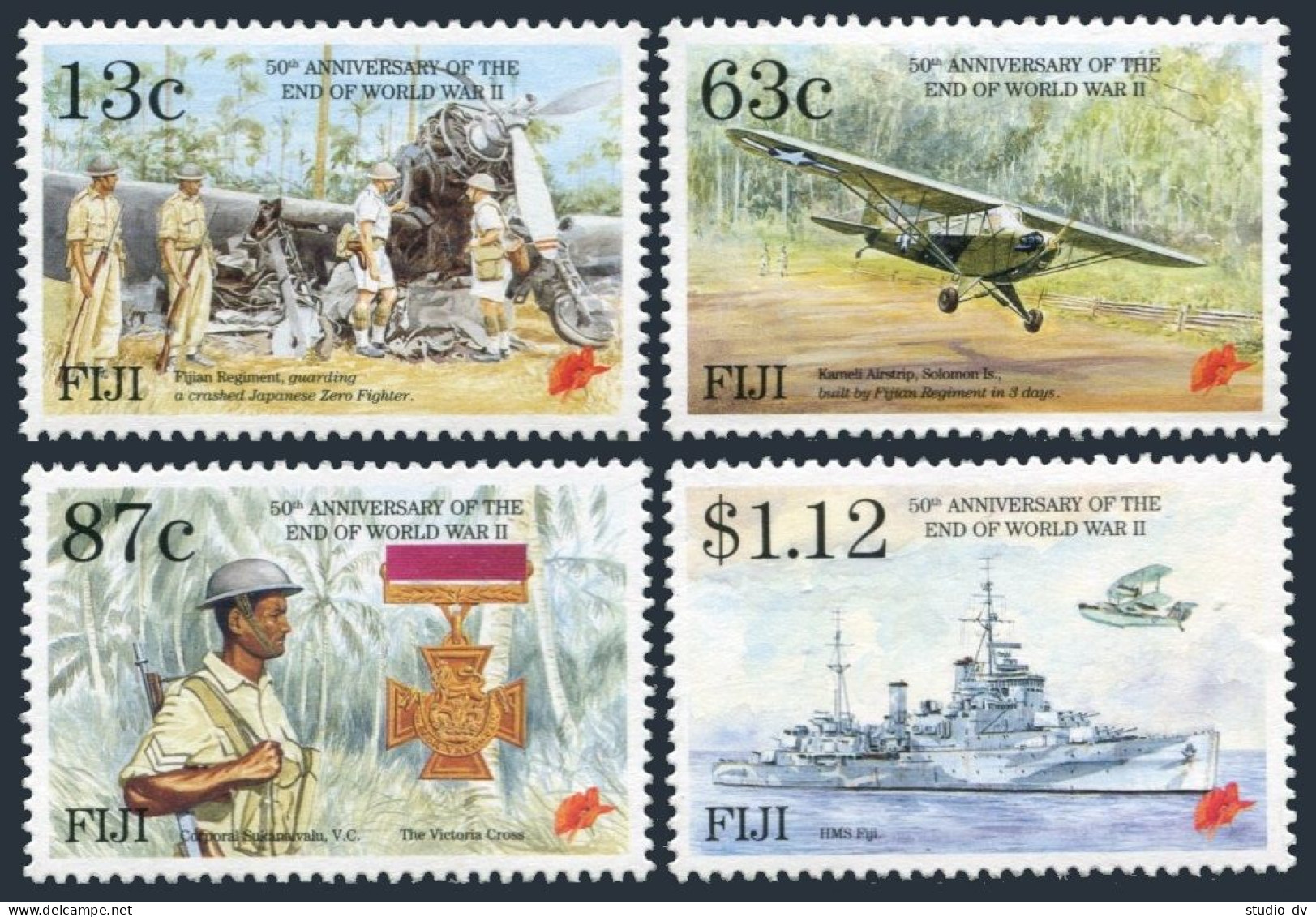 Fiji 720-723,724, MNH. Mi 726-729,Bl.15. End Of WW II, 50th Ann. Aircraft,Medal. - Fidji (1970-...)