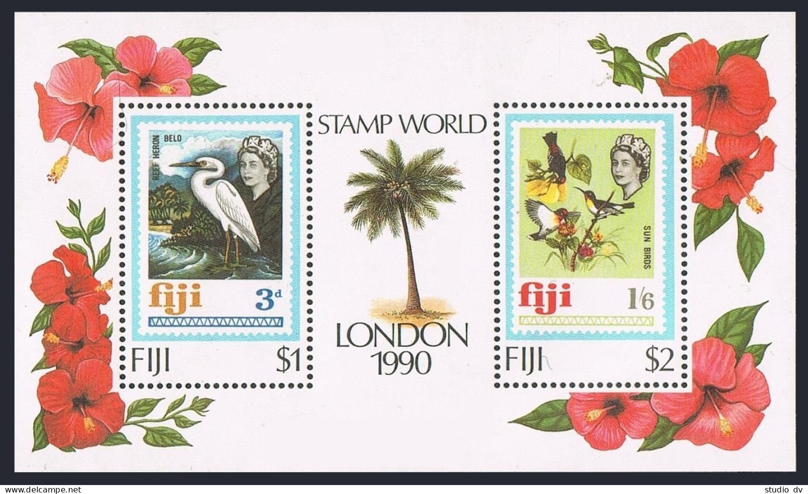 Fiji 623 Sheet, MNH. Michel 618-619 Bl.9. LONDON-1990. Reef Heron, Honey Eaters. - Fiji (1970-...)