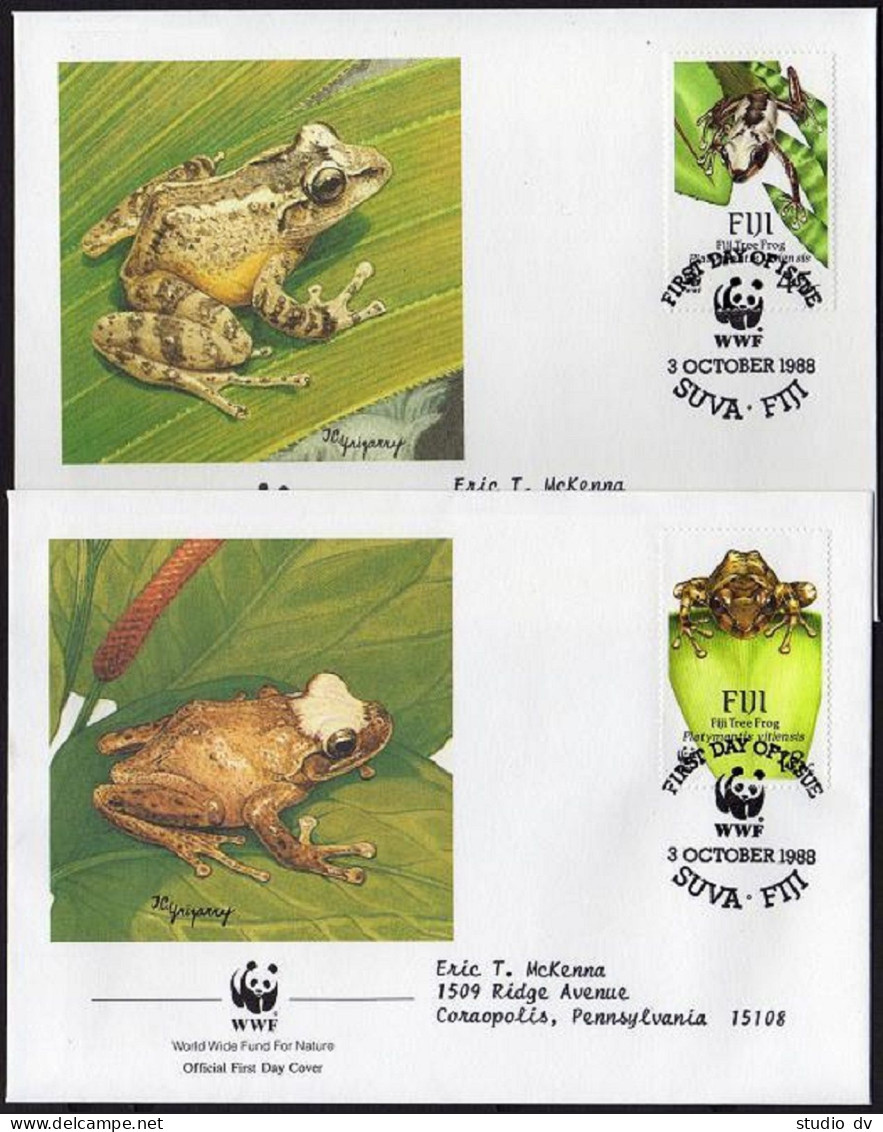 Fiji 591-594 4 FDC. Michel 586-589. Tree Frog Platymantis Vitiensis. WWF 1988. - Fiji (1970-...)