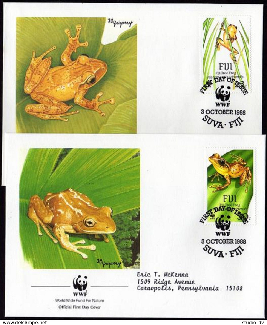 Fiji 591-594 4 FDC. Michel 586-589. Tree Frog Platymantis Vitiensis. WWF 1988. - Fiji (1970-...)