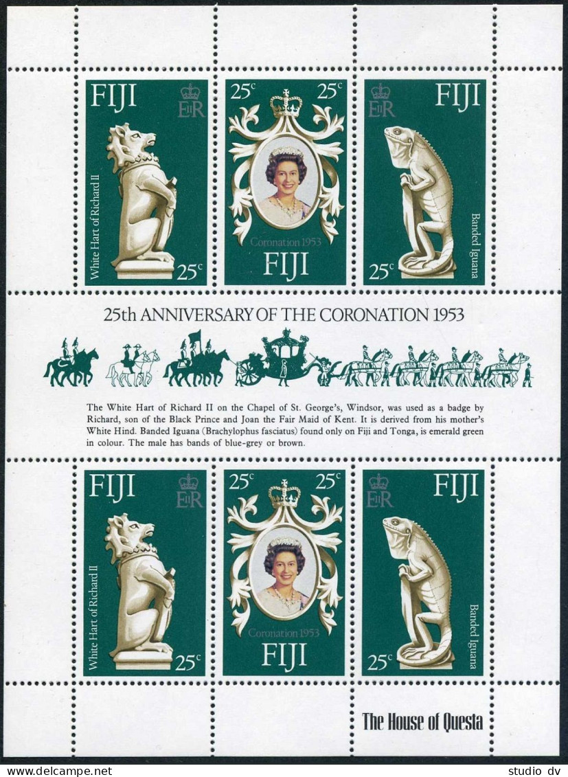 Fiji 384 Sheet, MNH. Mi 372-374 Klb. QE II Coronation,25th Ann. 1978.Hart.Iguana - Fiji (1970-...)