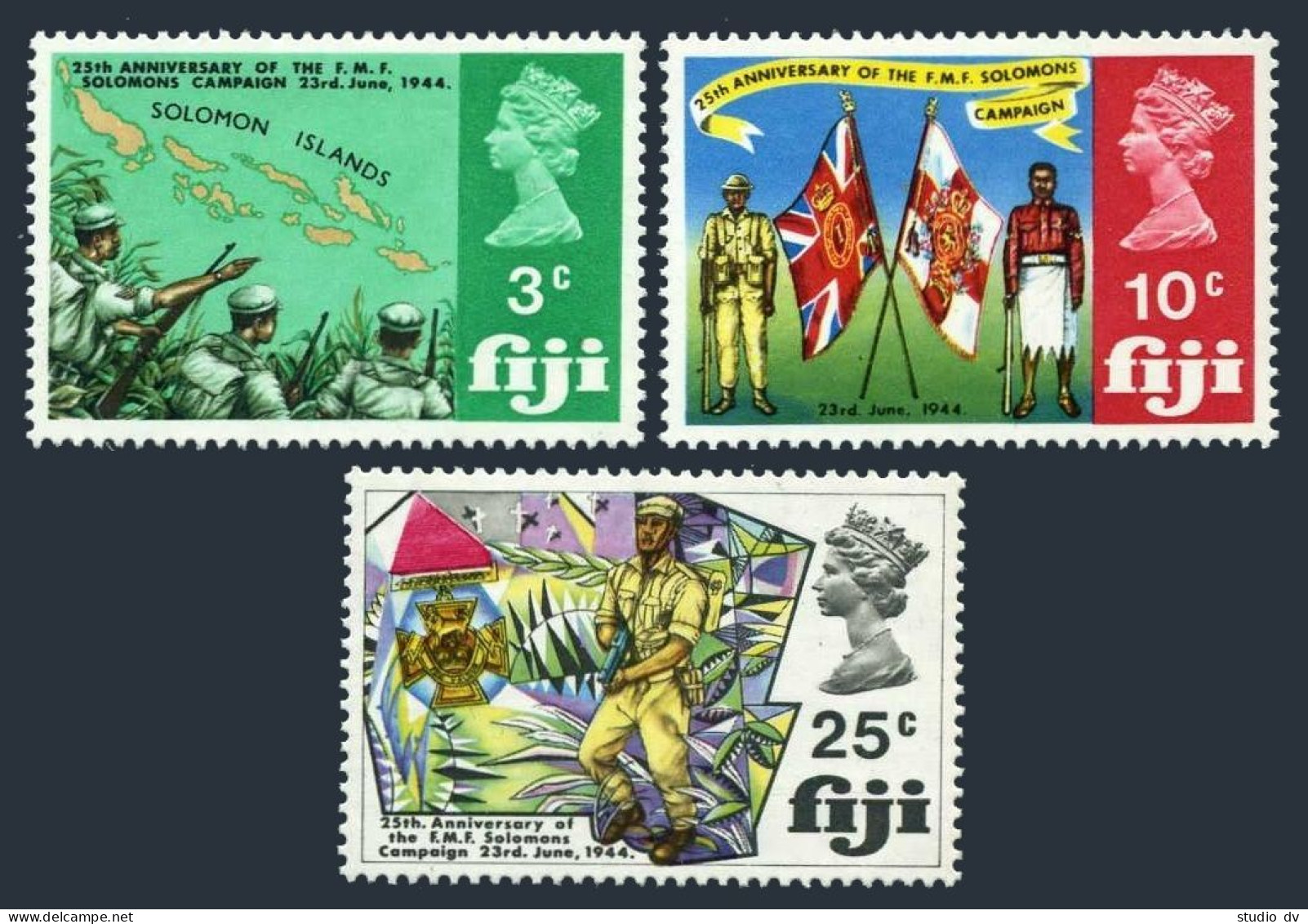 Fiji 277-279, MNH. Mi 249-251. WW II. Fiji Military Forces, 25th Ann. Map,Flags, - Fiji (1970-...)