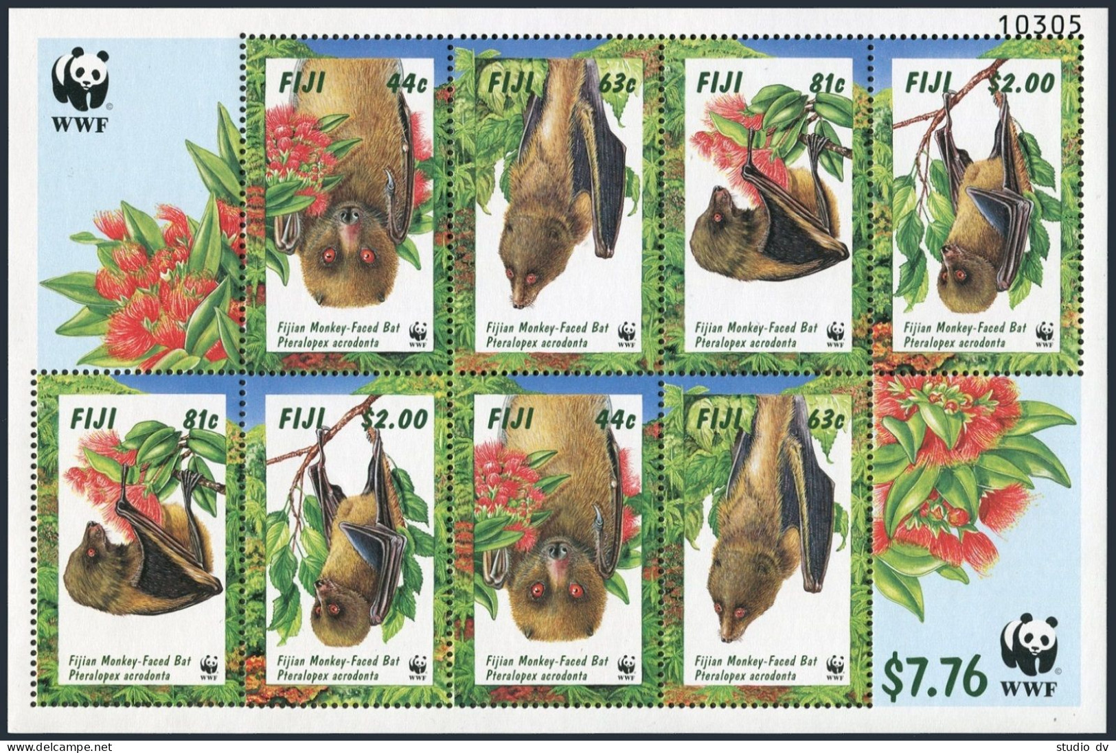 Fiji 800a Sheet, MNH. Michel 812-815 Klb. WWF 1997. Fijian Monkey-faced Bat. - Fiji (1970-...)