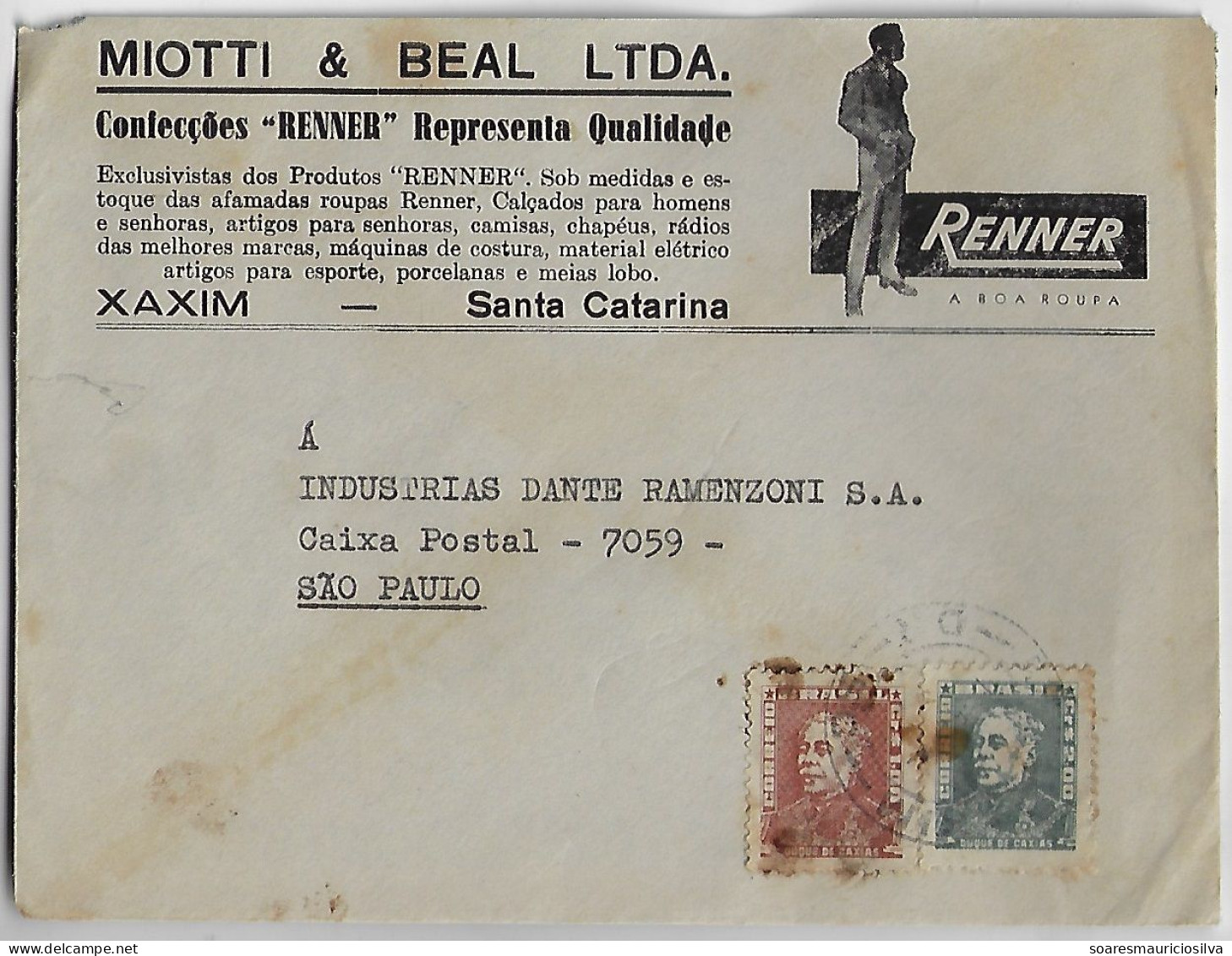 Brazil 1950s Miotti & Beal Ltd Cover Representative Of Renner Clothing From Xaxim To São Paulo Stamp Duke Of Caxias - Brieven En Documenten