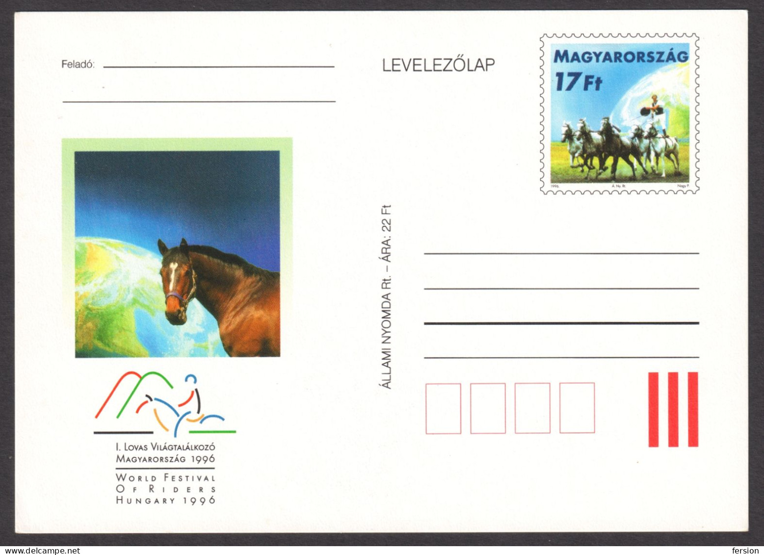 1996 - HUNGARY - HORSE RIDERS Sport World Festival - STATIONERY - POSTCARD - Paardensport