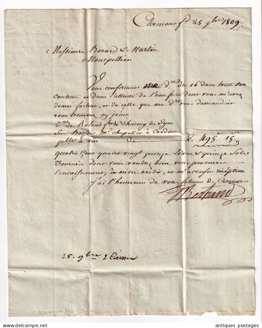 Lettre 1809 Clermont Ferrand Bertrand Puy De Dôme Berard & Martin Montpellier Hérault Eau-Forte Acide - 1801-1848: Vorläufer XIX