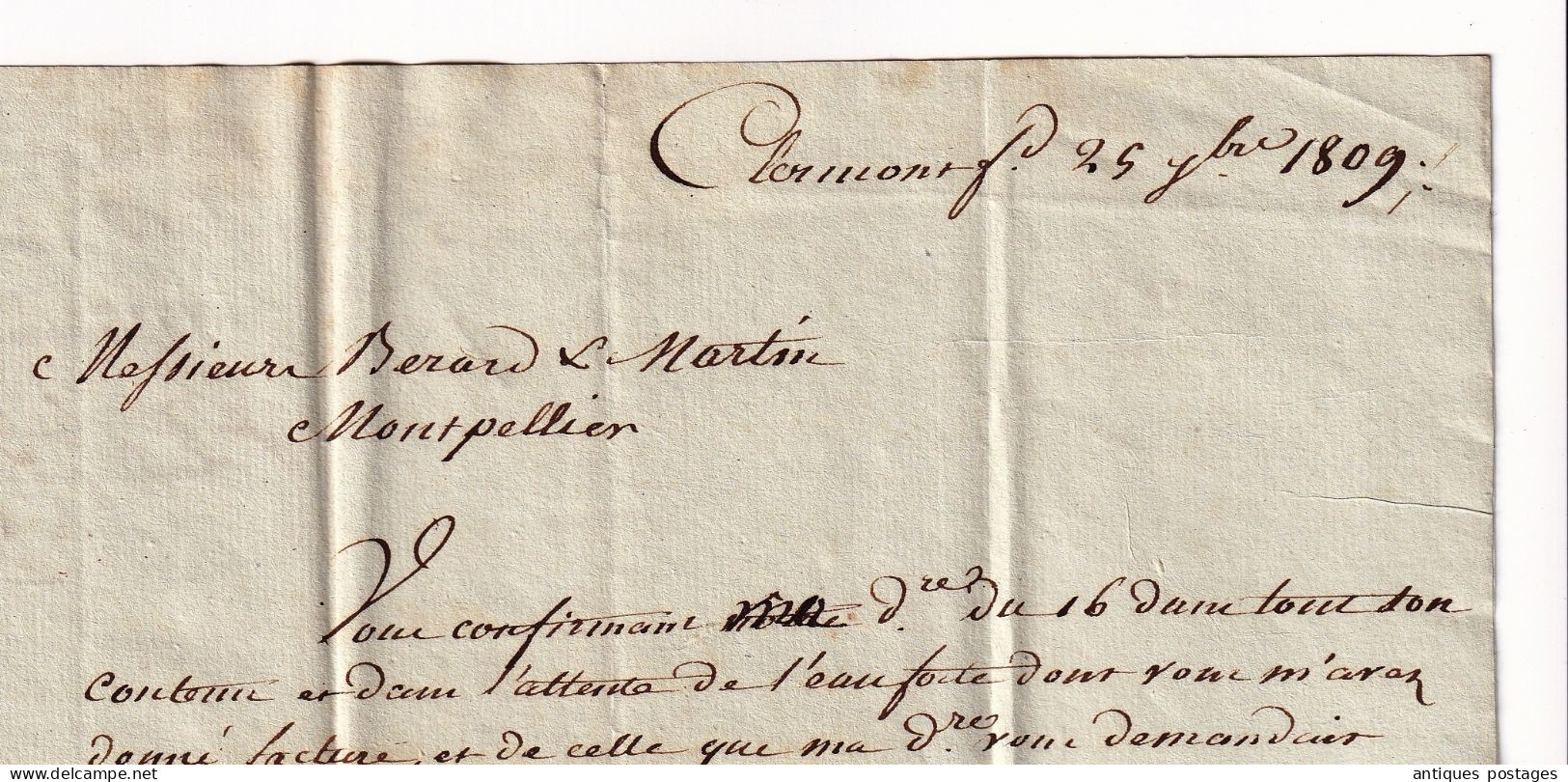 Lettre 1809 Clermont Ferrand Bertrand Puy de Dôme Berard & Martin Montpellier Hérault Eau-Forte Acide