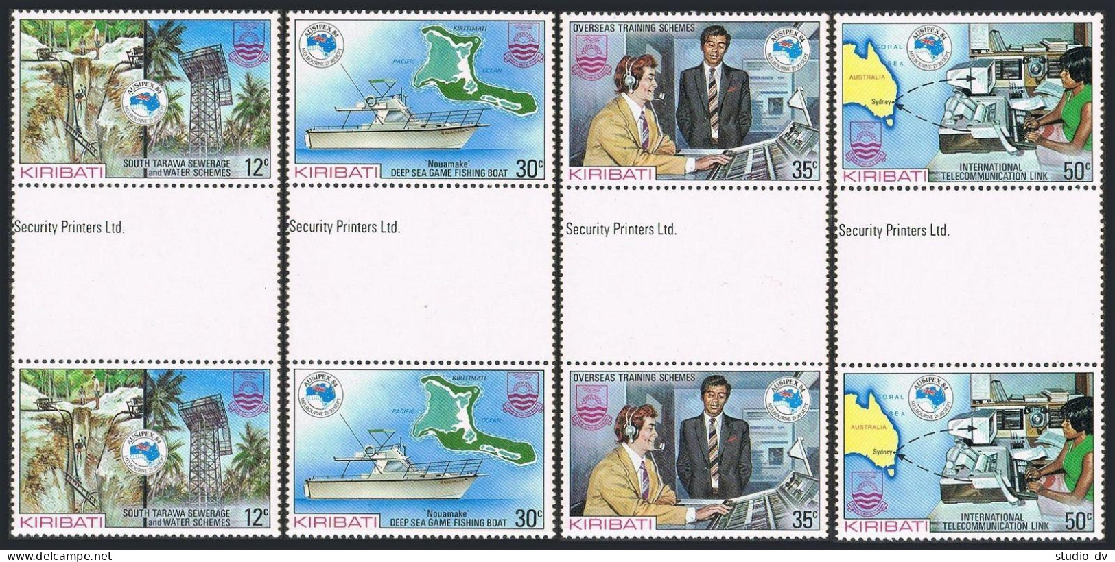 Kiribati 444-447 Gutter,MNH.Mi 443-446. AUSIPEX-1984:Telecommunications,Map,Boat - Kiribati (1979-...)