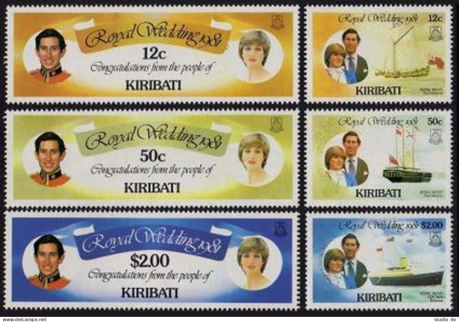 Kiribati 373-378, 379, MNH. Mi 371-376,Bl.8. Royal Wedding 1981. Charles, Diana. - Kiribati (1979-...)