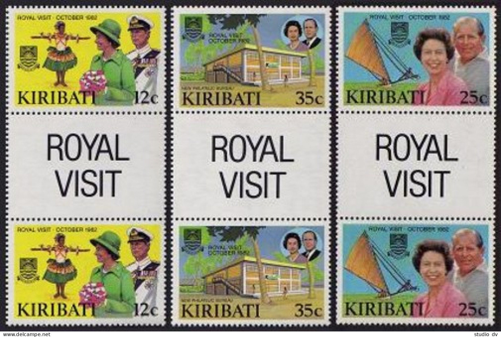 Kiribati 414-416 Gutter,MNH. Mi 412-414. QE II, Philip Visit,1982. Dancer, Boat, - Kiribati (1979-...)