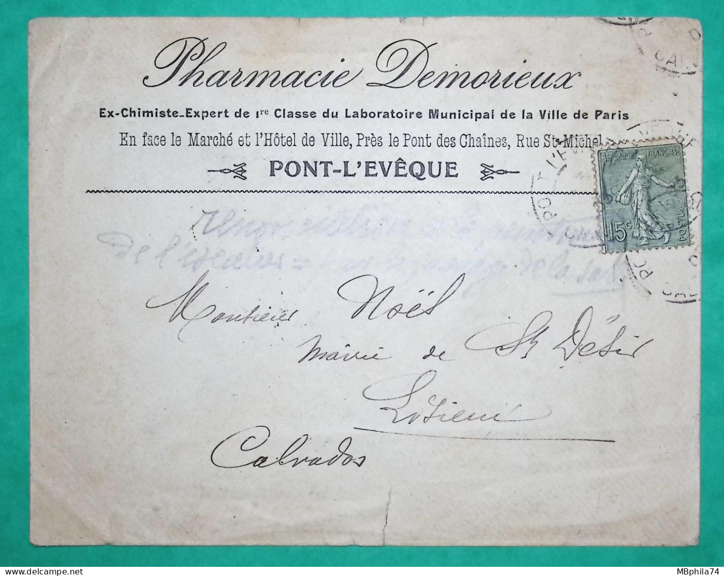 N°130 SEMEUSE ENVELOPPE ENTETE PUB PHARMACIE DEMORIEUX PONT L'EVEQUE CALVADOS POUR LISIEUX 1905 LETTRE COVER FRANCE - 1877-1920: Semi-moderne Periode