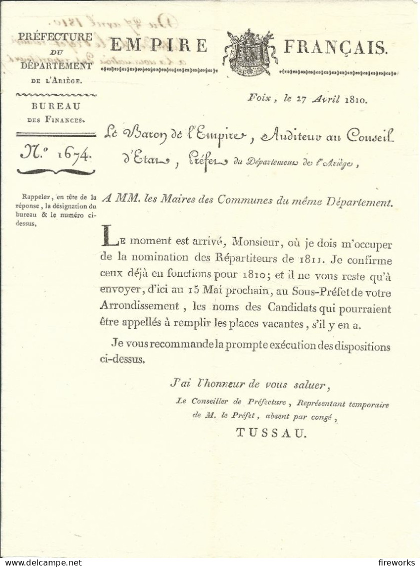 1810 LETTRE DU BARON DE L'EMPIRE, AUDITEUR AU CONSEIL D'ETAT, PREFET DU DEPARTEMENT DE L'ARIEGE (09) - Colecciones