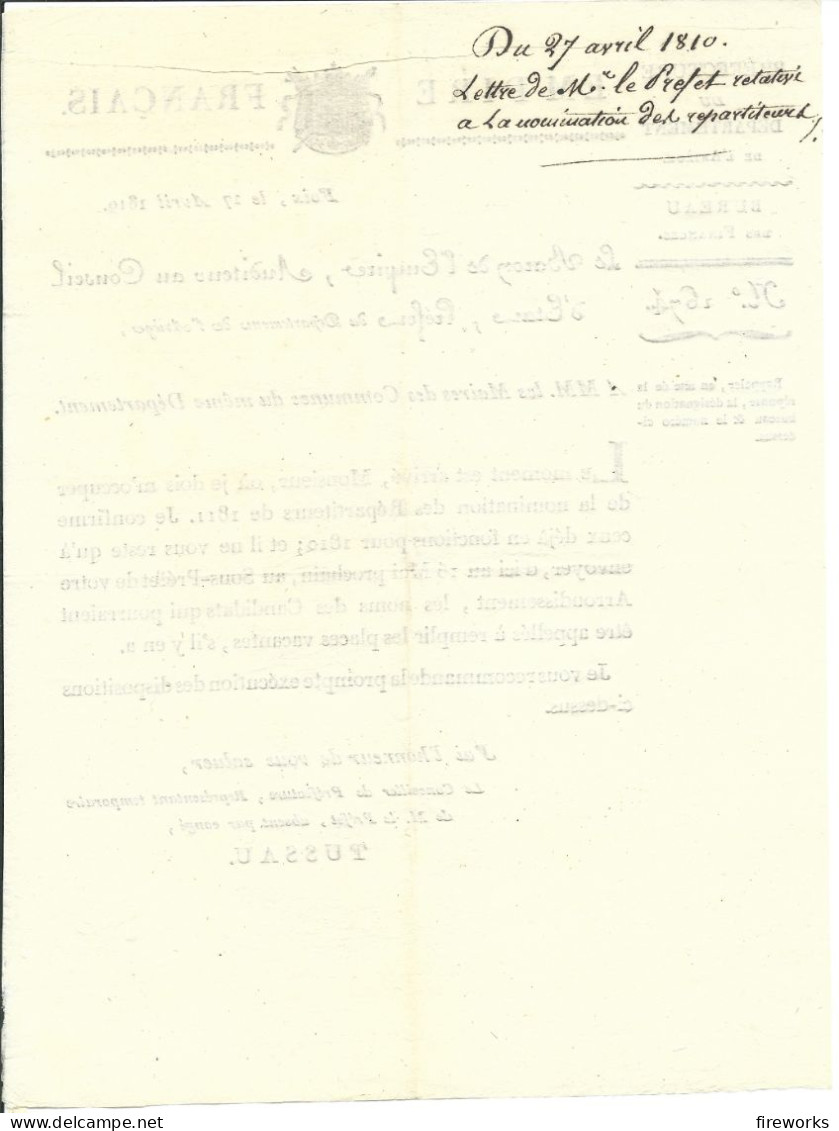 1810 LETTRE DU BARON DE L'EMPIRE, AUDITEUR AU CONSEIL D'ETAT, PREFET DU DEPARTEMENT DE L'ARIEGE (09) - Colecciones