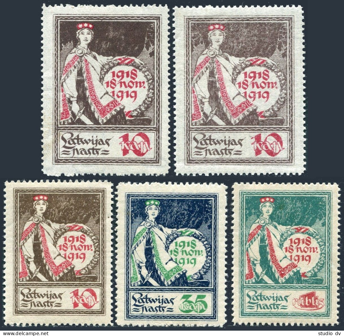 Latvia 59-63, MNH. Michel 32 X-y,33-35. Allegory-One Year Independence, 1919. - Lettonia