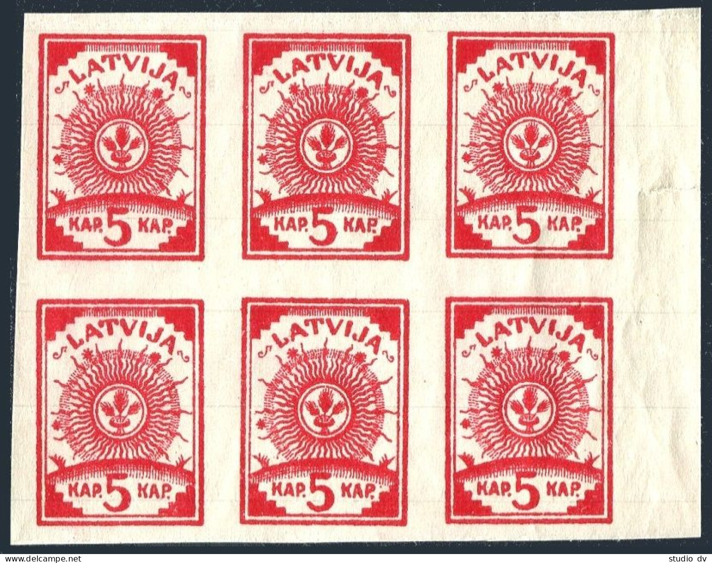 Latvia 3 Imperf Block/6, MNH. Michel 3B. Arms. Paper With Ruled Lines, 1919. - Lettland
