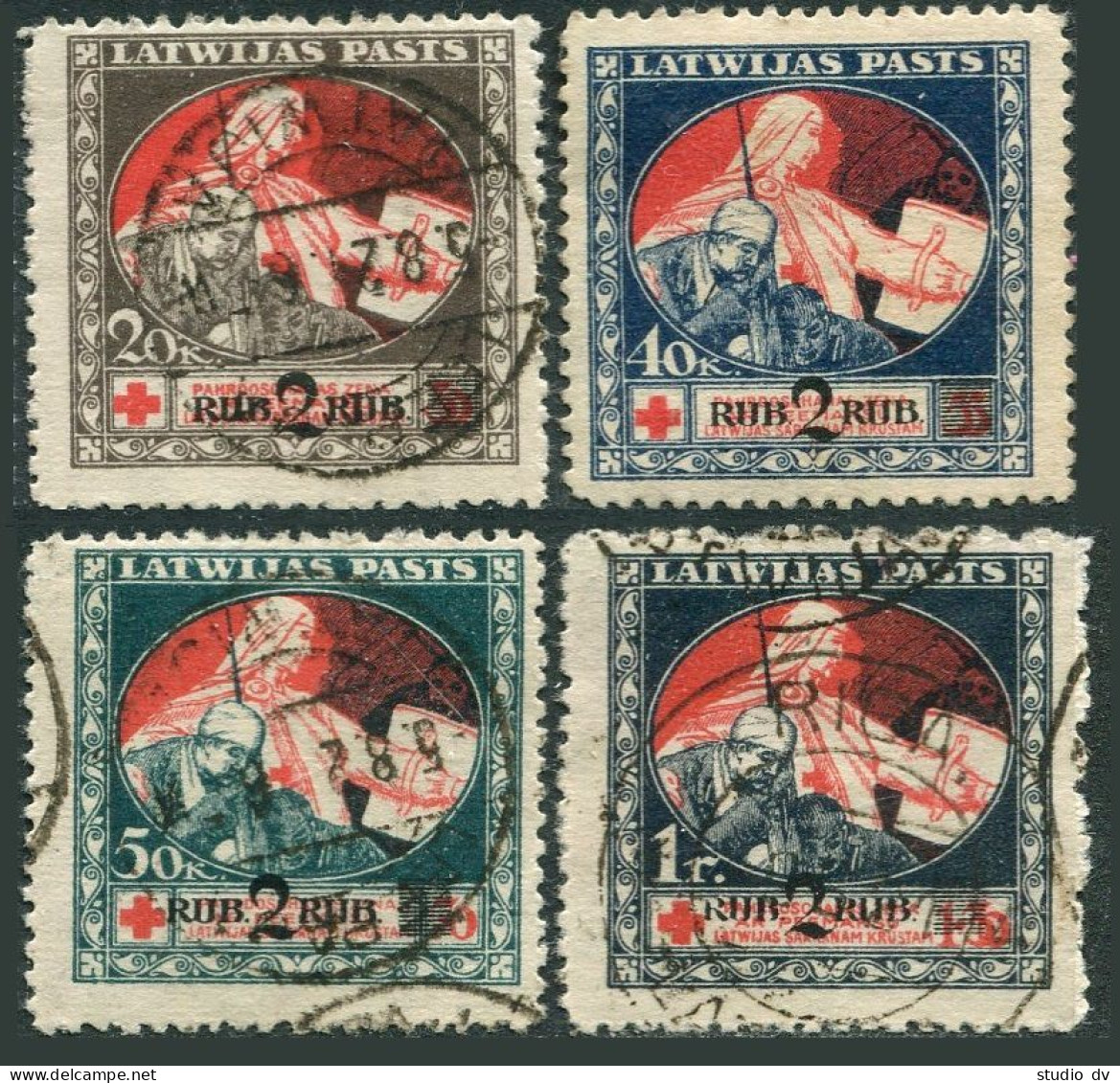 Latvia B13-B16, Used. Mi 65z-68z. MERCY Assisting Wounded Soldier.New Value 1921 - Letland