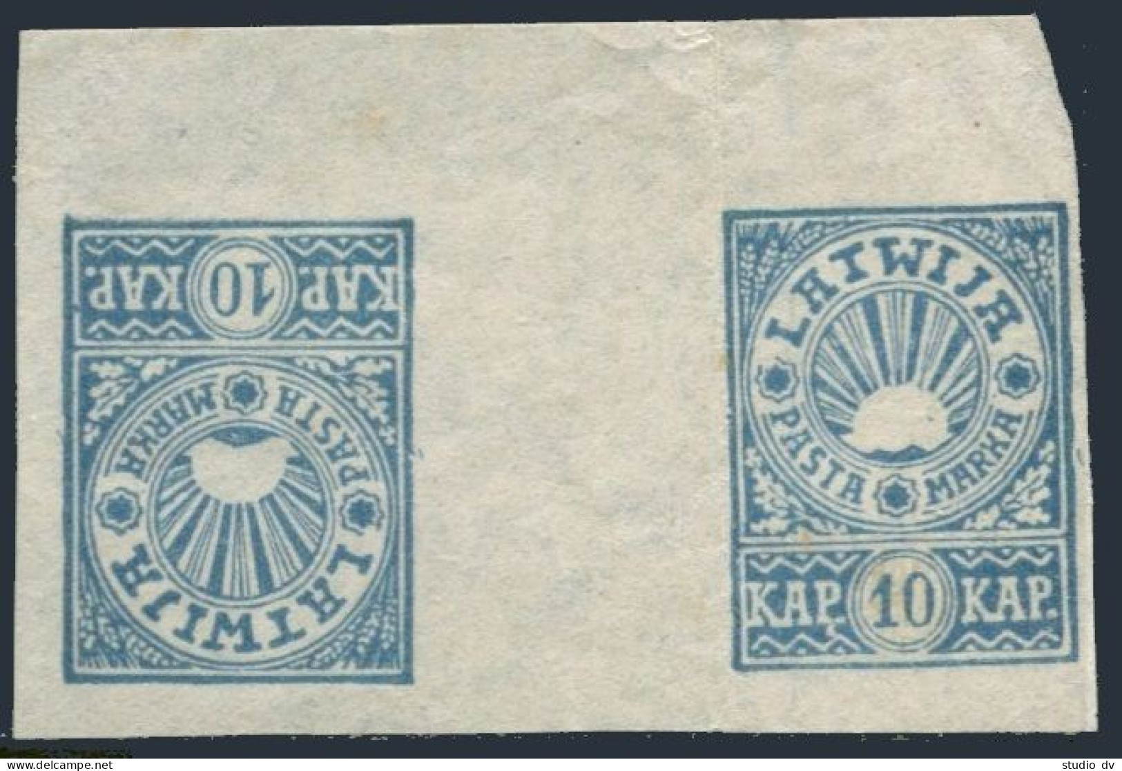 Latvia 55 Gutter Tete-beche Pair,MNH-no Gum.Michel 24B Ty/b. Rising Sun,1919. - Lettonia