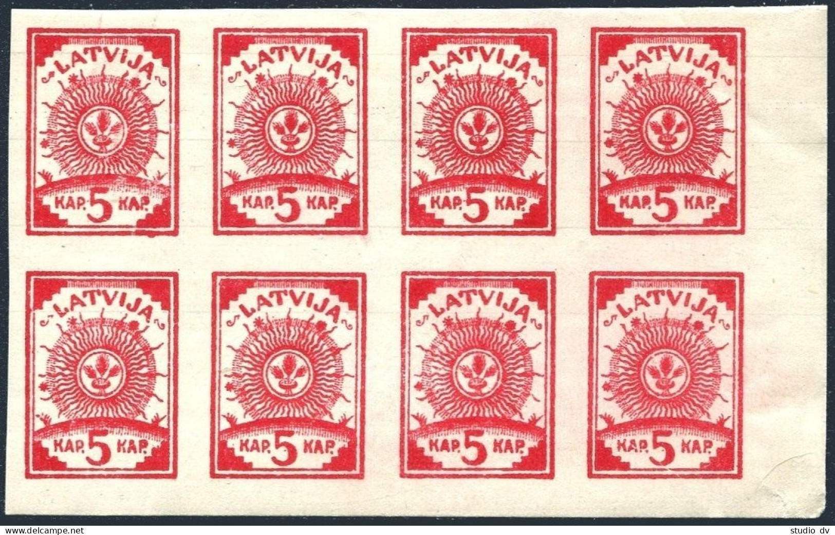 Latvia 3 Imperf Block/8, MNH. Michel 3B. Arms. Paper With Ruled Lines, 1919. - Latvia