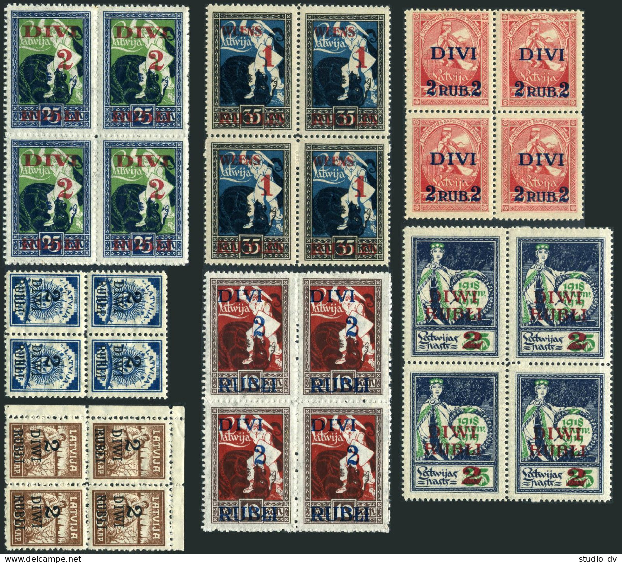 Latvia 86-93 Blocks/4, MNH. Michel 58-64. Surcharged With New Value, 1920-1921. - Lettonia