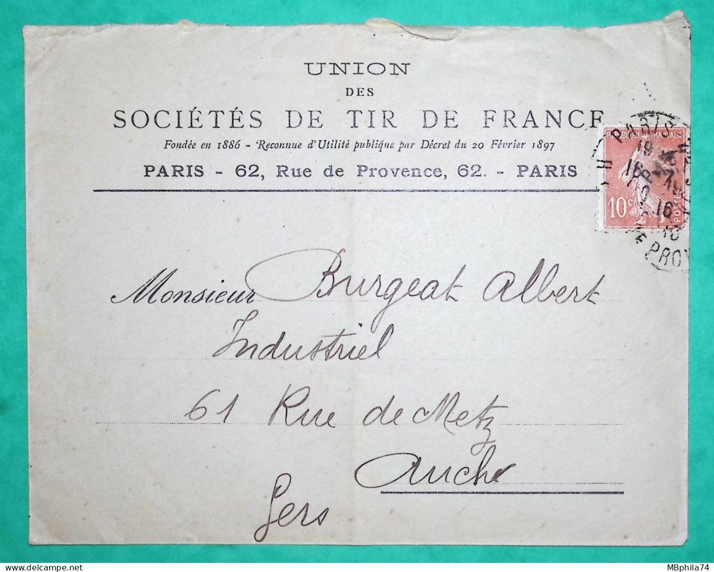 N°138 SEMEUSE BELLE NUANCE ROUGE ORANGE ENVELOPPE ENTETE SOCIETES DE TIR DE FRANCE PARIS POUR AUCH GERS 1916 LETTRE - 1906-38 Säerin, Untergrund Glatt