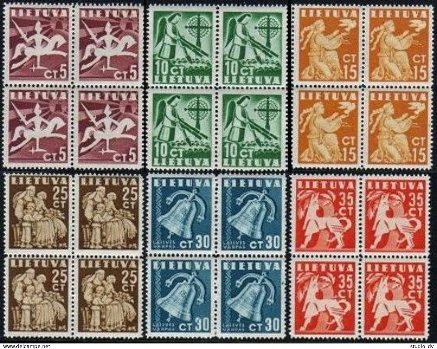 Lithuania 317-322 Blocks/4,MNH. Definitive 1940.Knight,Dove,Mother,Bell,Animal. - Lituanie