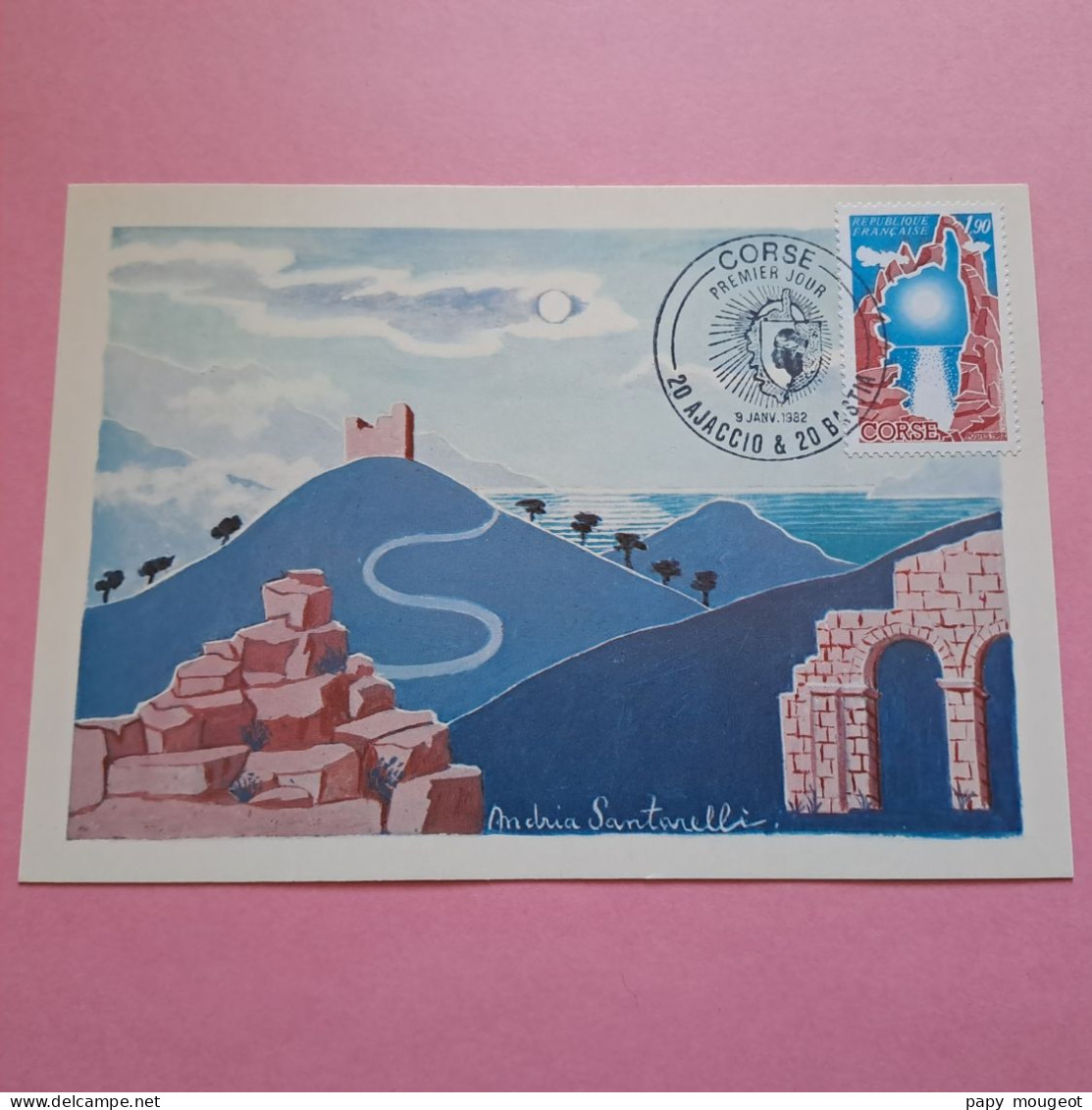 Premier Jour Du Timbre Corse Sur Carte Illustrée Andria Santarelli - Ajaccio & Bastia 19-01-1982 - 1980-1989