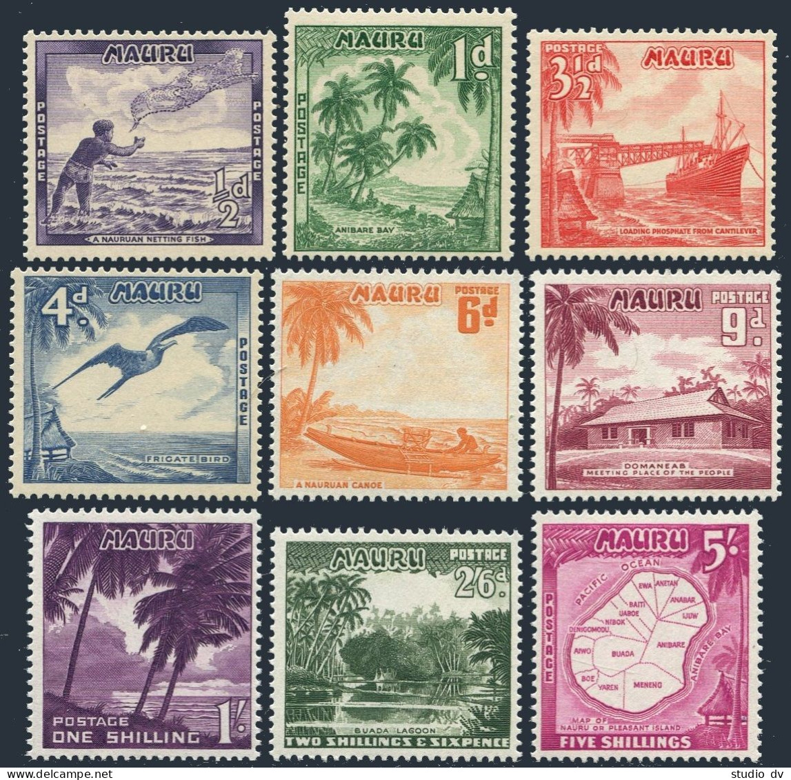 Nauru 39-47,hinged.Mi 37/50. 1954.Anibare Bay,Casting Throw-net,Bird,Map,Canoe, - Nauru