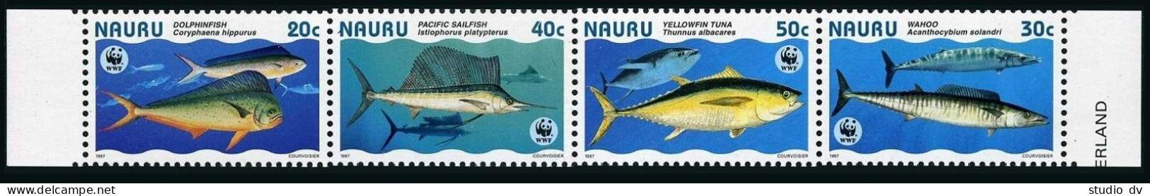 Nauru 443 Ad Strip, MNH. WWF 1997. Dolphin-fish, Wahoo, Sailfish, Tuna. - Nauru