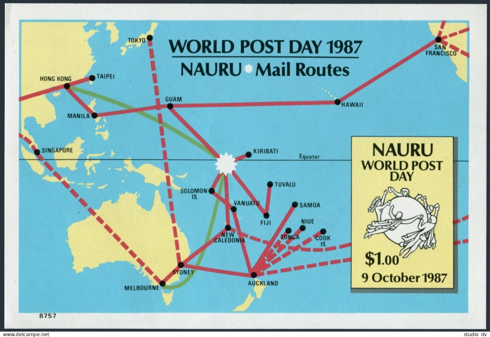 Nauru 338,339 Sheet, MNH. Mi 337,338 Bl.7. World Post Day 1987. UPU Emblem, Map. - Nauru