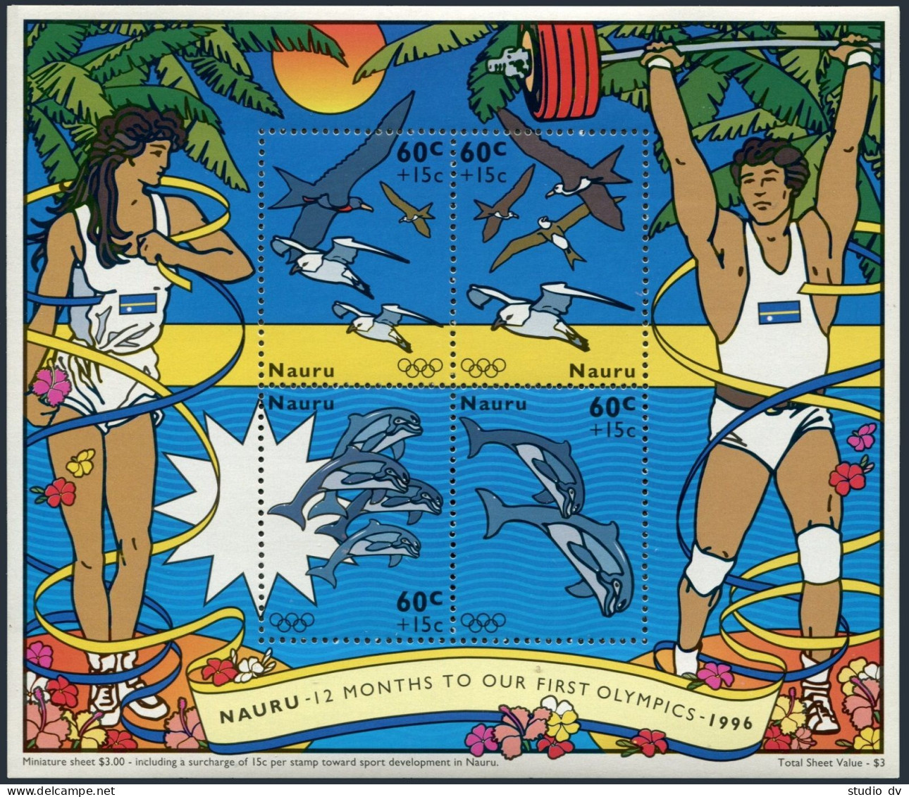 Nauru B1 Sheet,MNH. Olympics Atlanta-1996:Birds,Dolphins.Sports Development. - Nauru