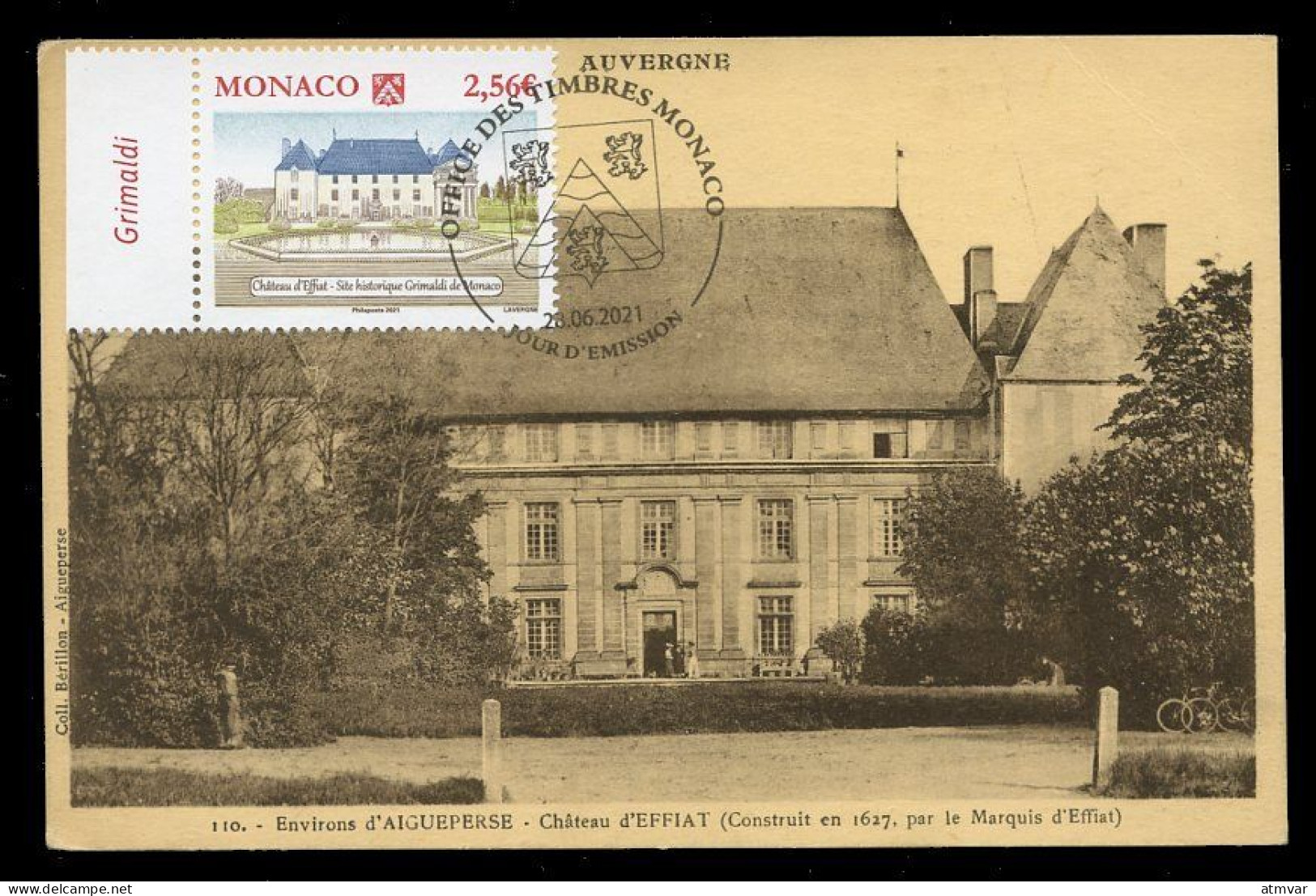 MONACO (2021) Carte Maximum Card - Château D'Effiat - Site Historique Grimaldi De Monaco, Blason, Coat Of Arms, Escudo - Cartoline Maximum
